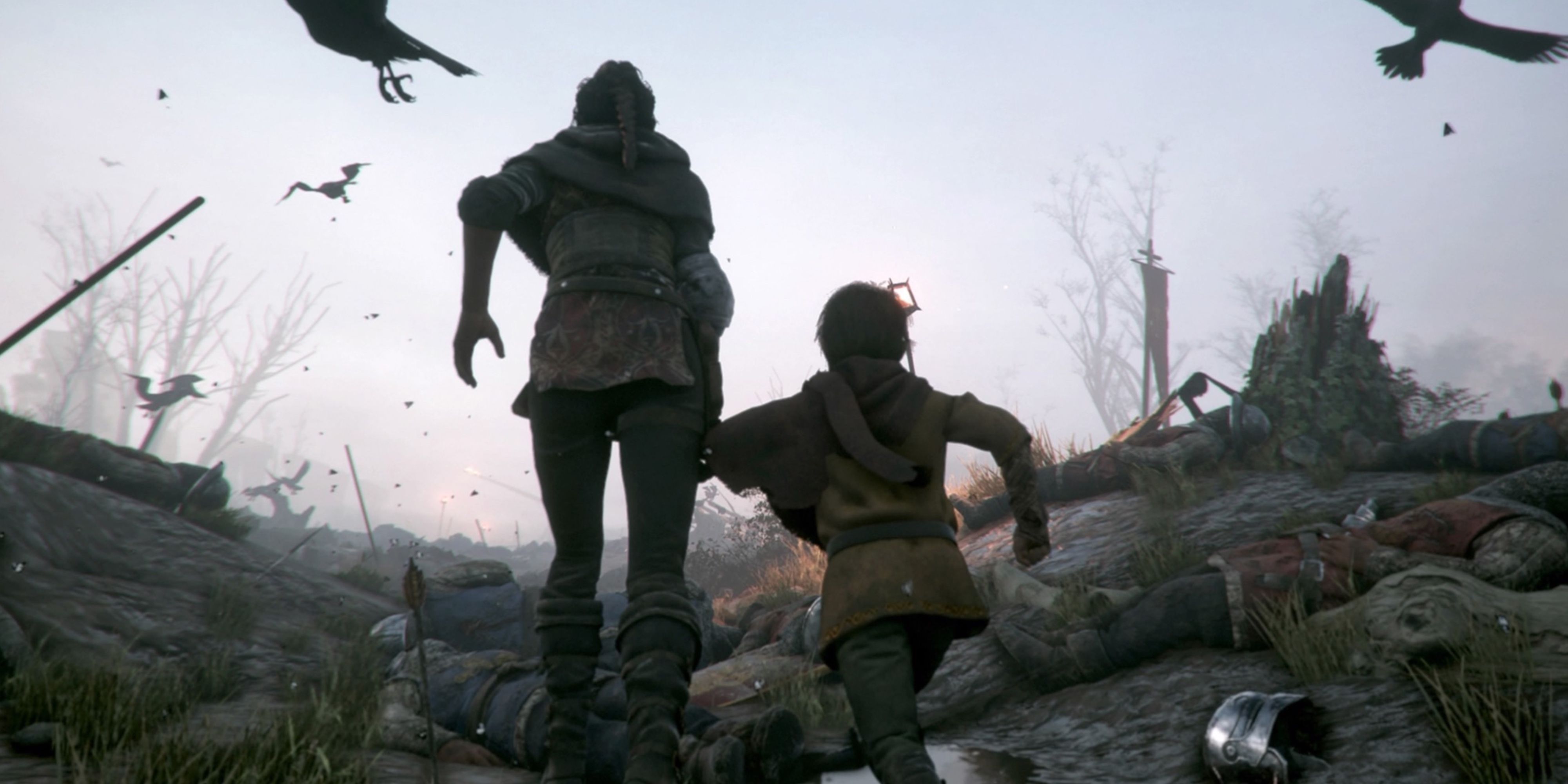 A girl leads her young brother through a field of dead- A Plague Tale: Innocence