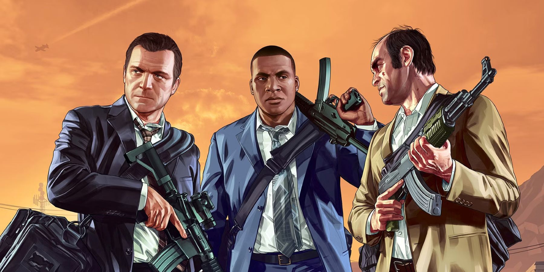 Grand Theft Auto 5 Michael, Franklin, and Trevor with guns