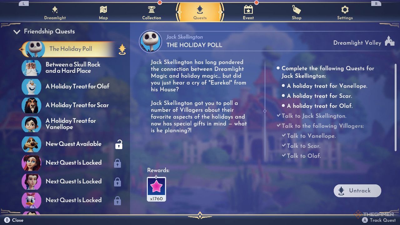 Disney Dreamlight Valley details for The Holiday Poll quest, including the rewards for completion.