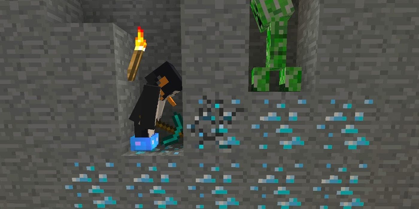 Minecraft Player Mining Diamonds With A Diamond Pickaxe And Creeper Hiding