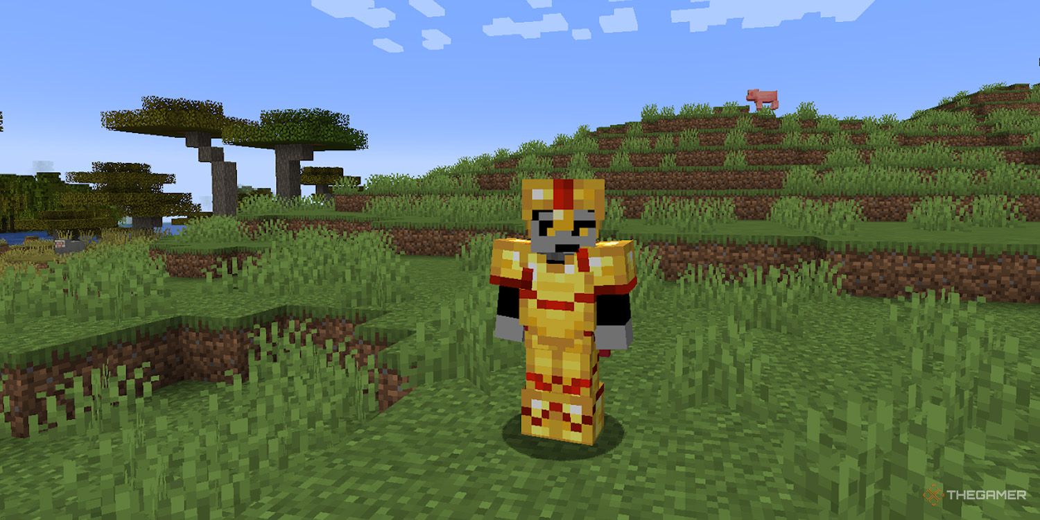 A Minecraft player wears gold armor with red accents.