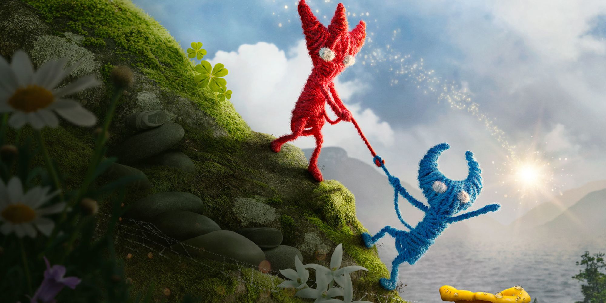 Red Yarny attached to Blue Yarny in Unravel 2.