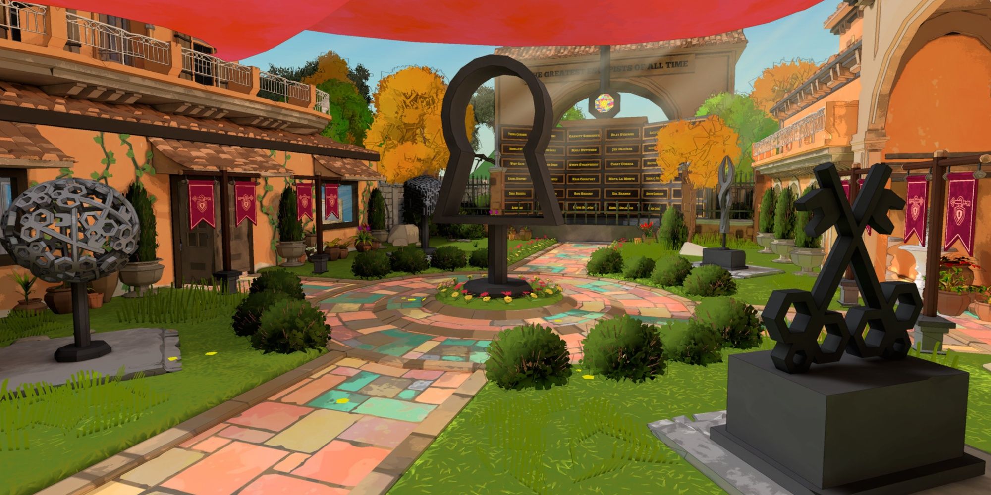 Outside courtyard in Escape Academy, containing statues and bushes.