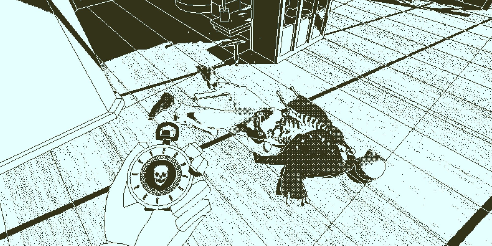 Standing over a dead body holding a magic pocket watch in Return of the Obra Dinn.