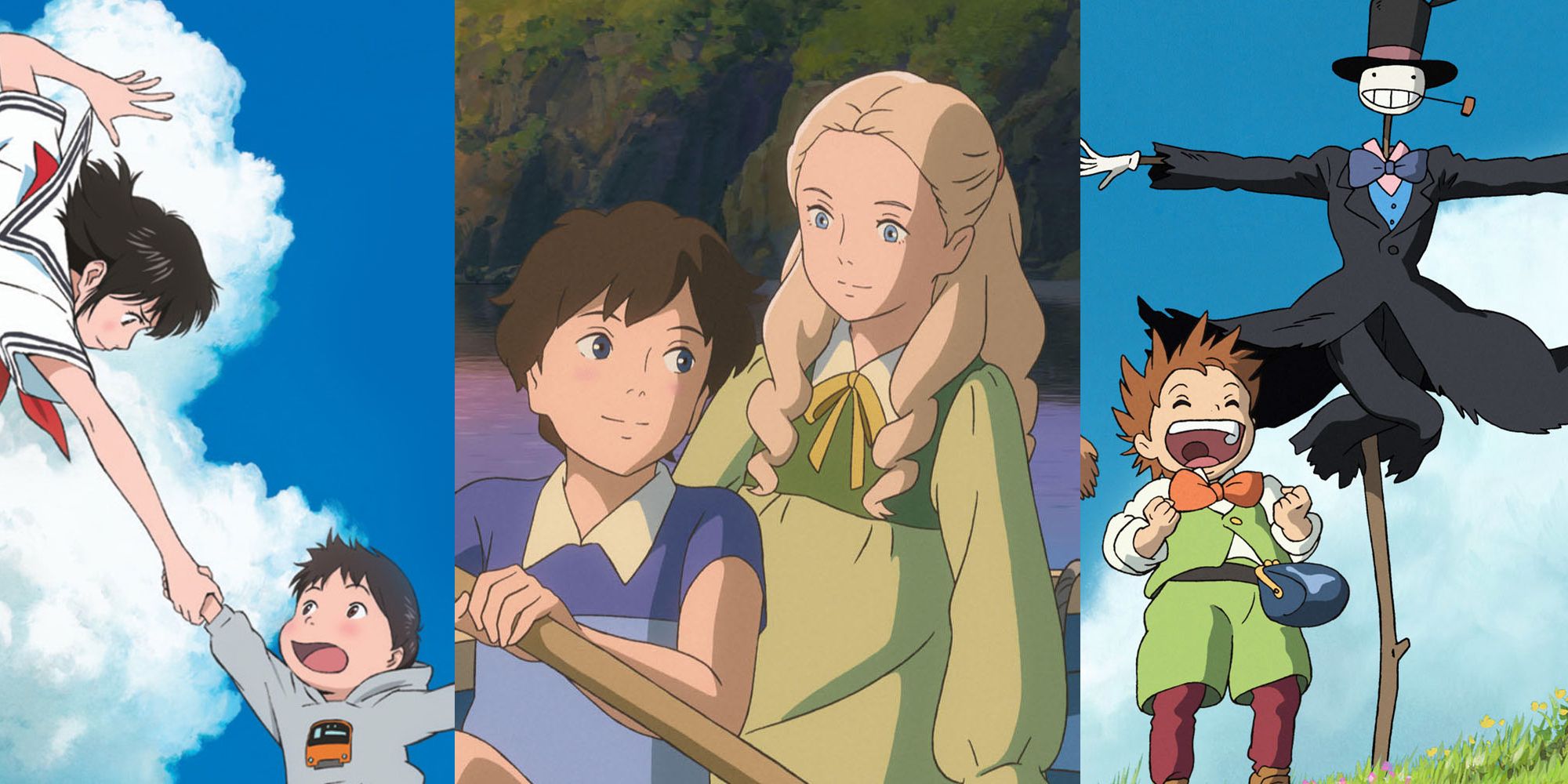 Kun being caught by his sister in Mirai; Marnie and Anna in a boat in When Marnie Was There; Turnip Head and Markl in Howl's Moving Castle