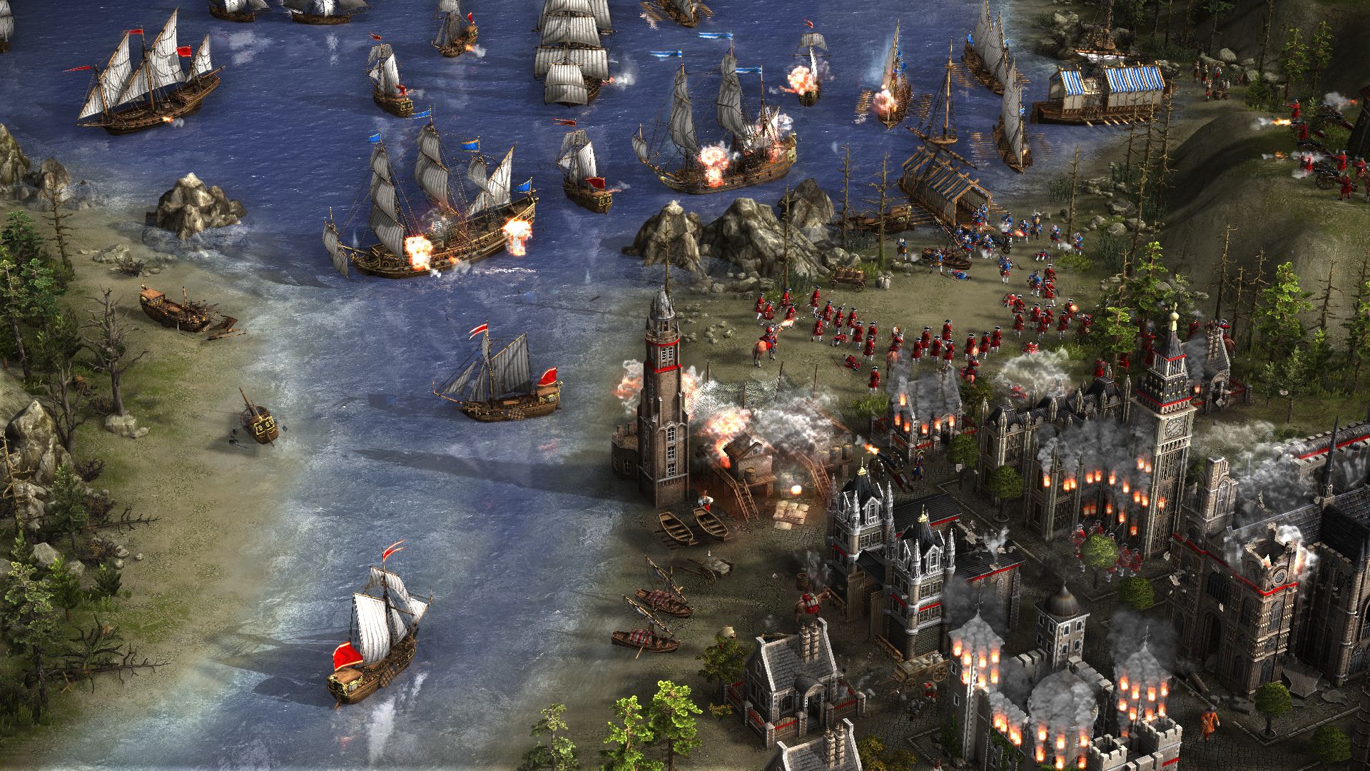 A city and a fleet of fighting ships in Cossacks 3.