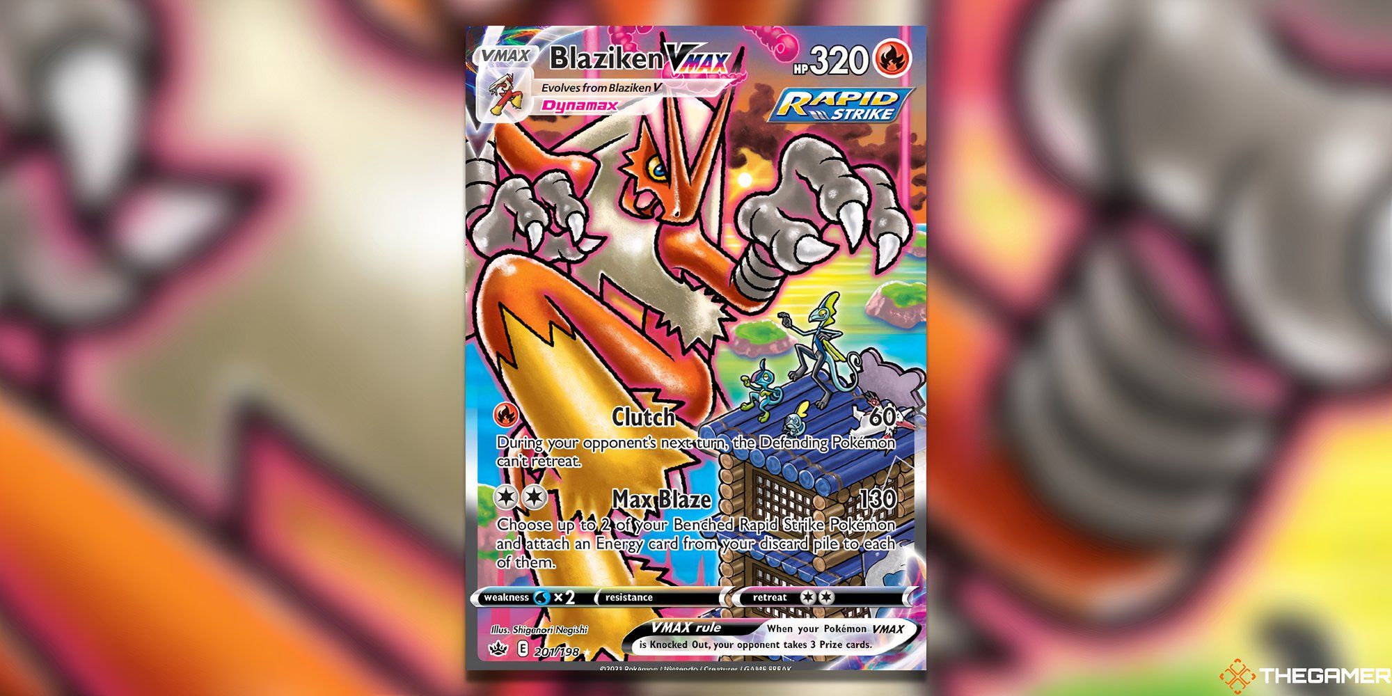 Blaziken VMAX's card art from Chilling Reign in the Pokemon TCG.