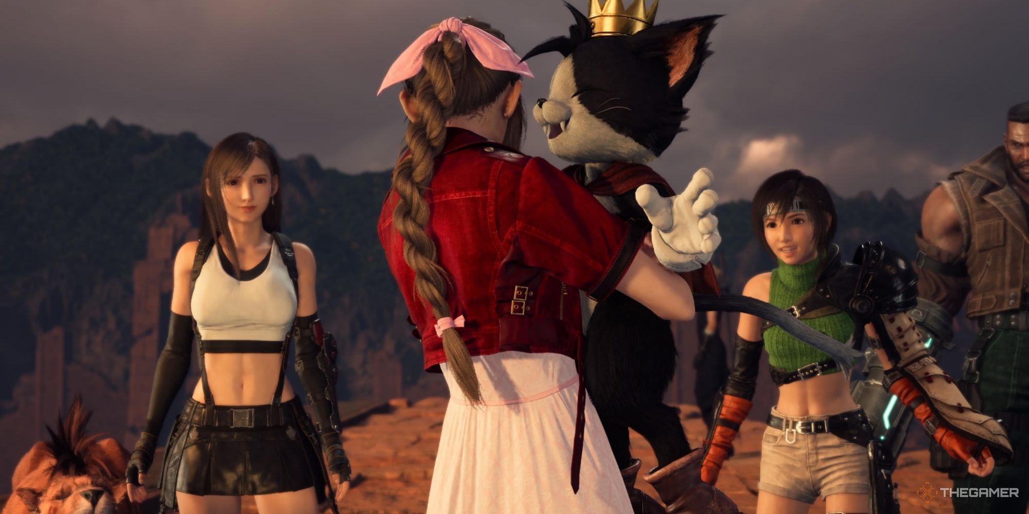 Final Fantasy 7 Rebirth Chapter 13 Aerith hugs Cait Sith in front of Tifa and Yuffie