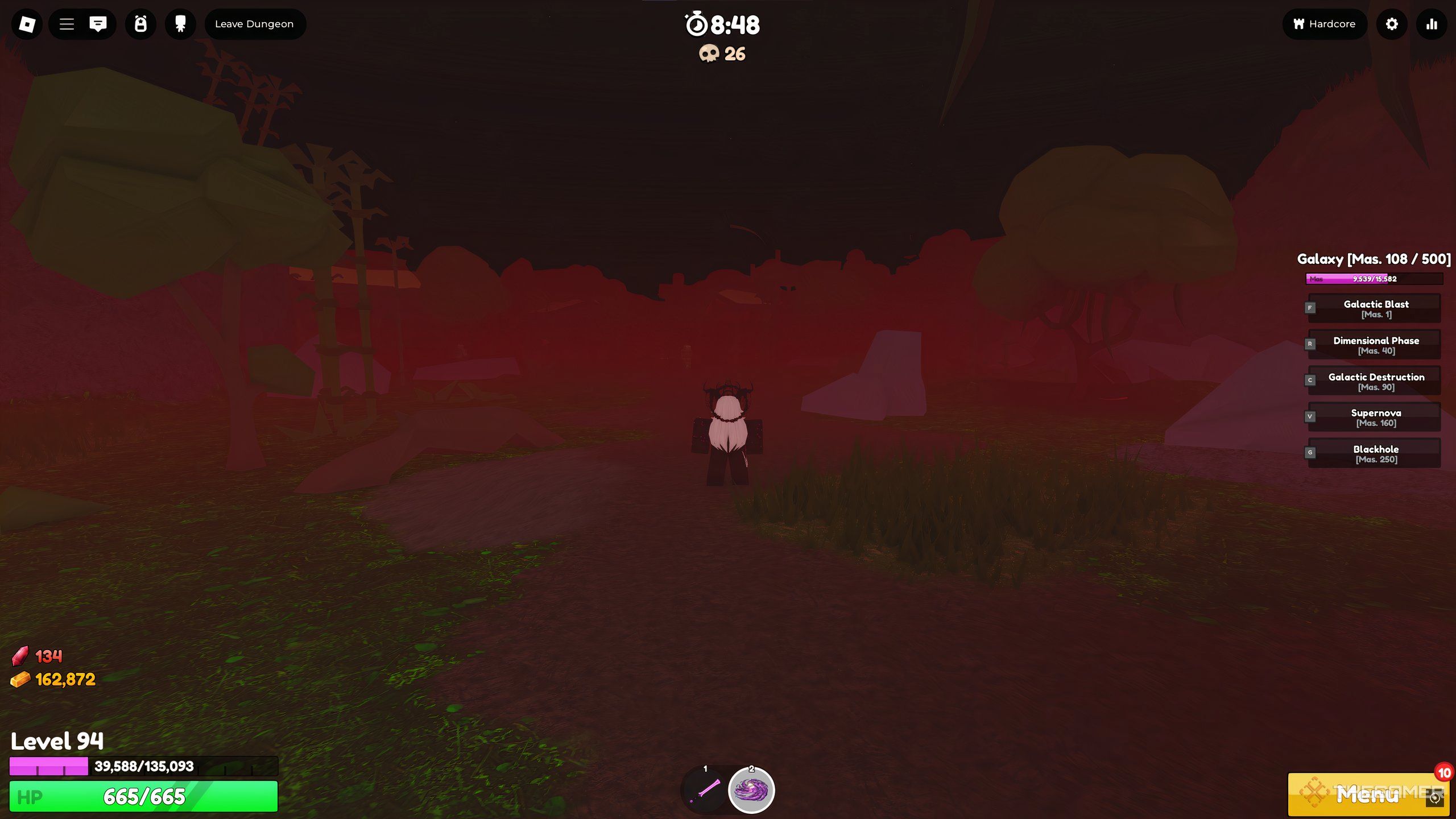 A Blood Moon, happening in the Jungle dungeon on Hardcore difficulty, in Roblox: Elemental Dungeons.