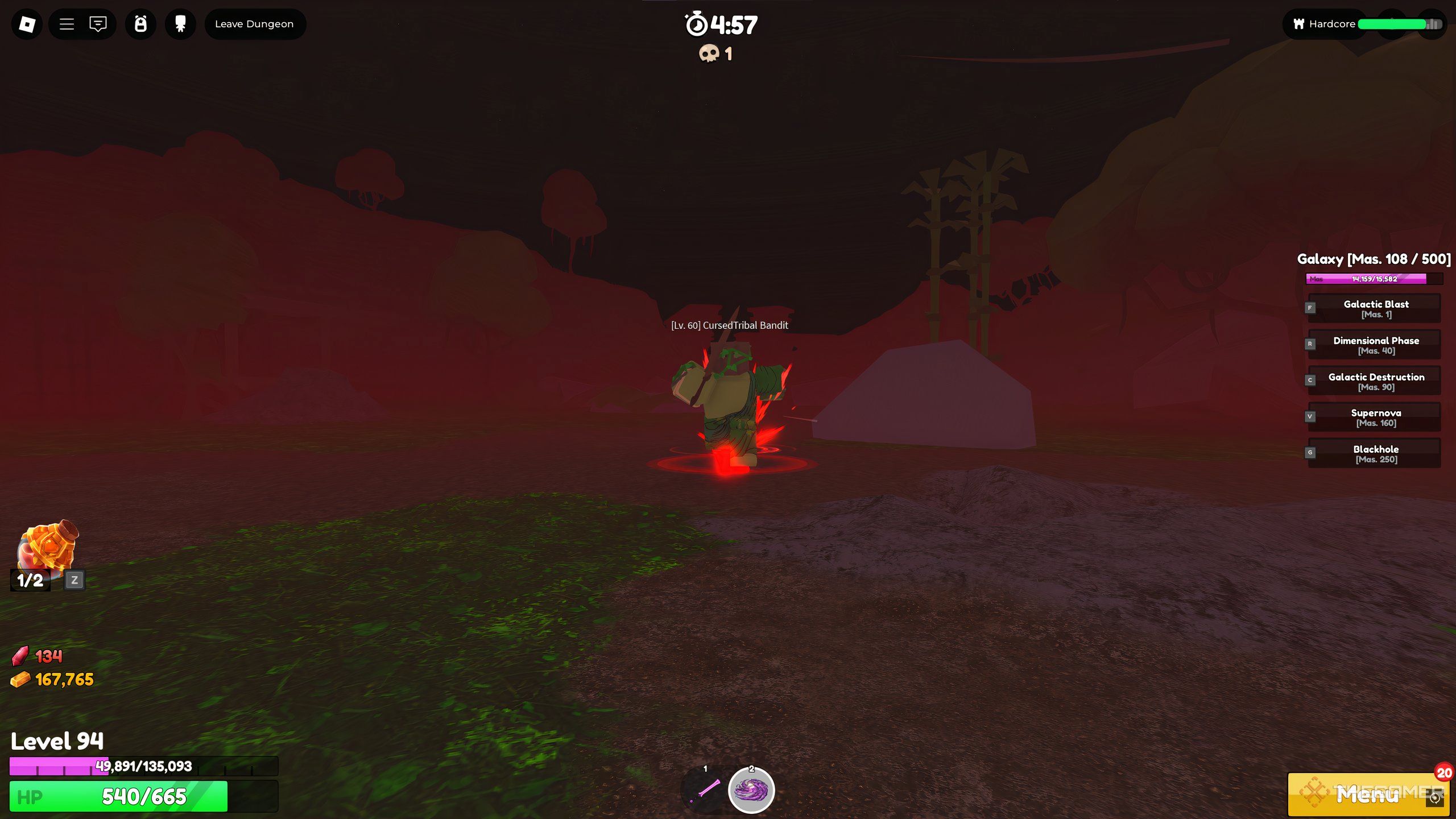 A Cursed Jungle enemy on a Blood Moon in Roblox: Elemental Dungeons.