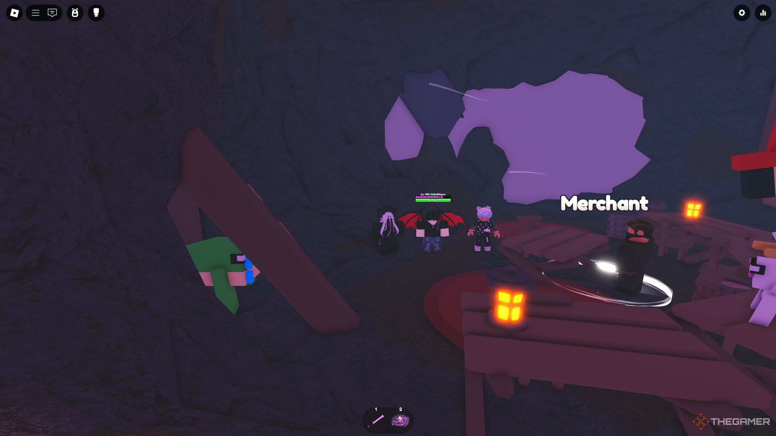 The Merchant, in his cave in Roblox: Elemental Dungeons.