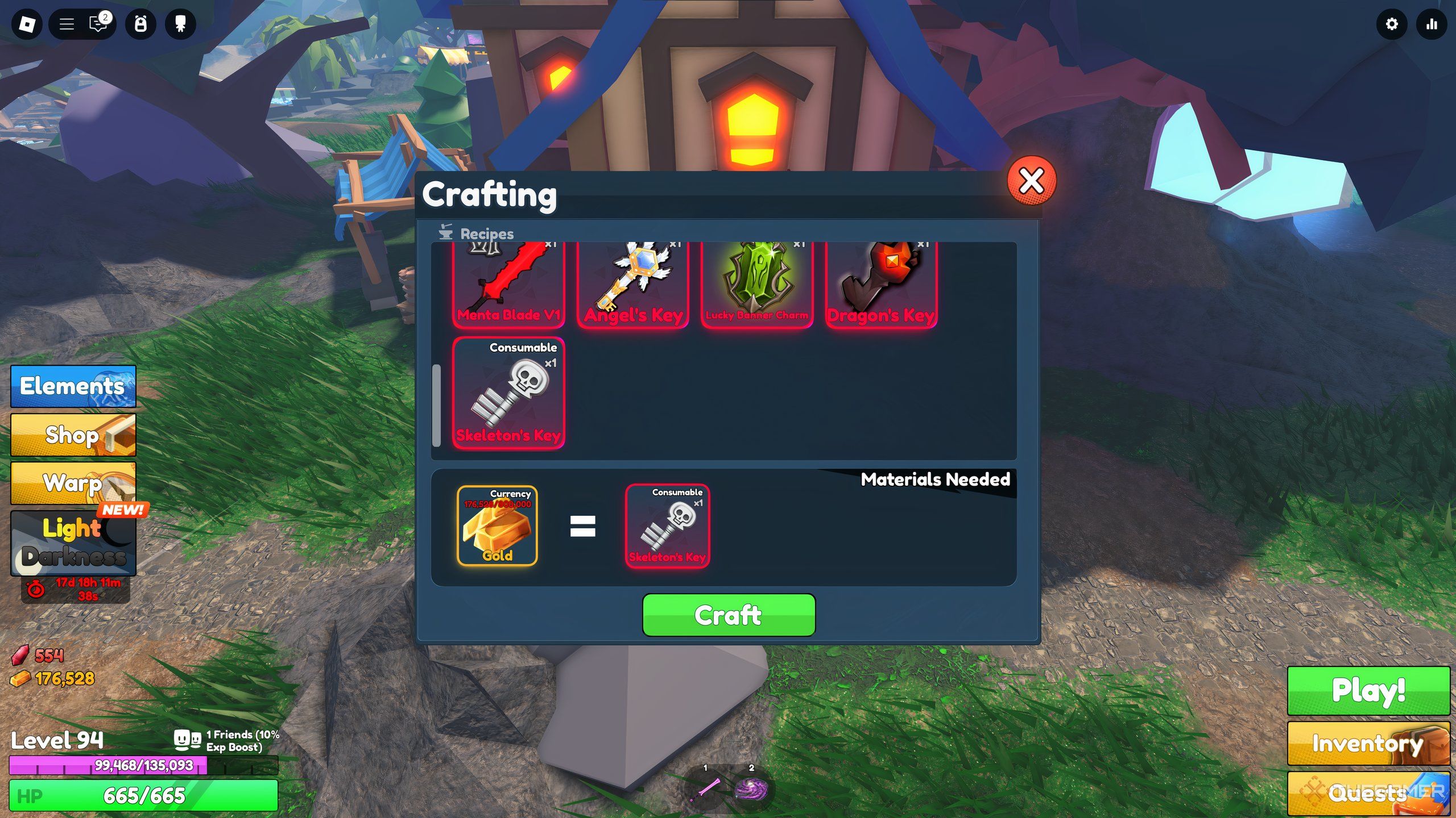 The Skeleton Key in the Crafting menu in Roblox: Elemental Dungeons.