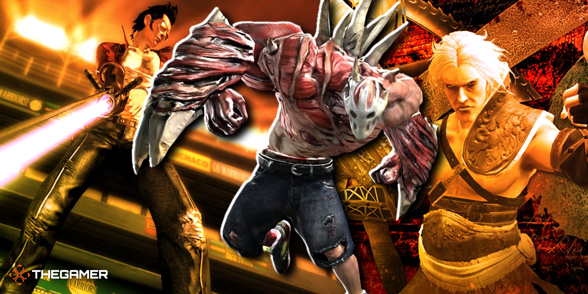 Game art from Splatterhouse, No More Heroes Heroes' Paradise and Nier.