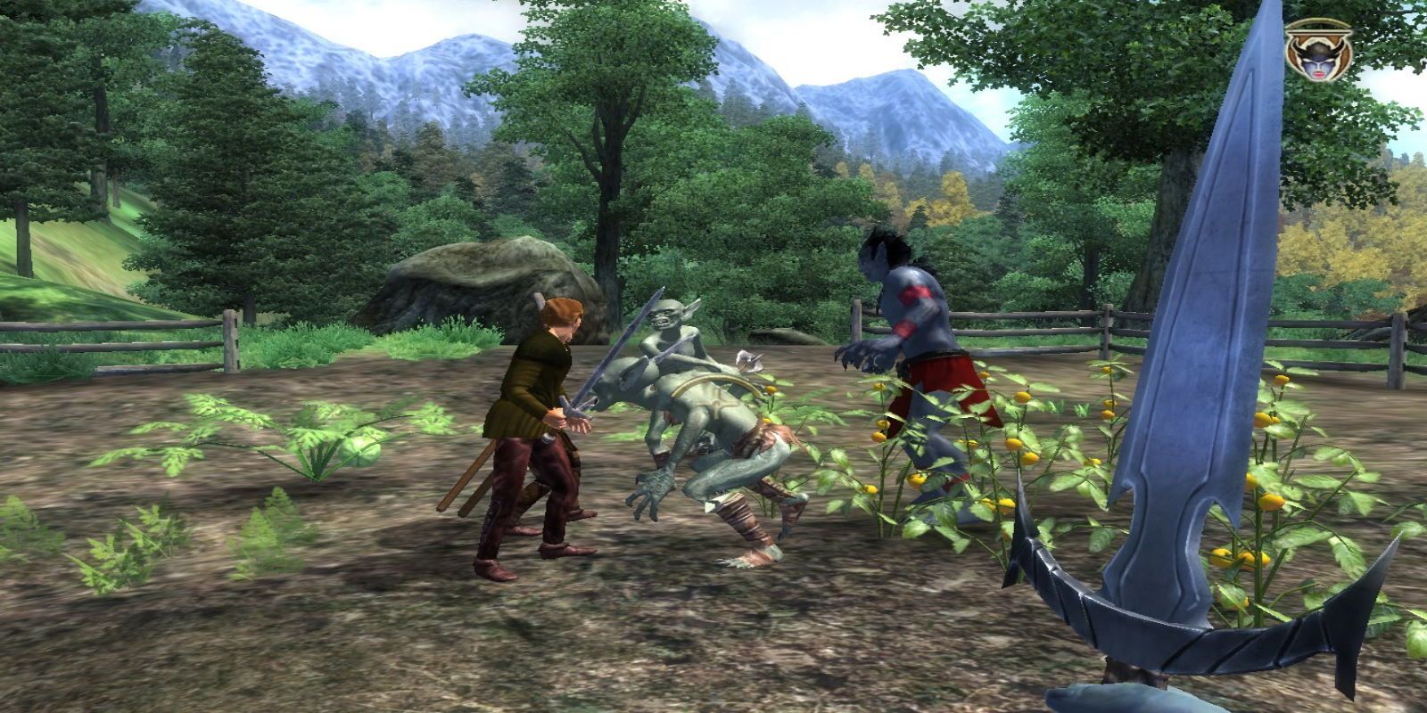 Two brothers and a Xivilai fighting a pack of goblins on a farm while the player wields a dagger in Elder Scrolls 4 Oblivion