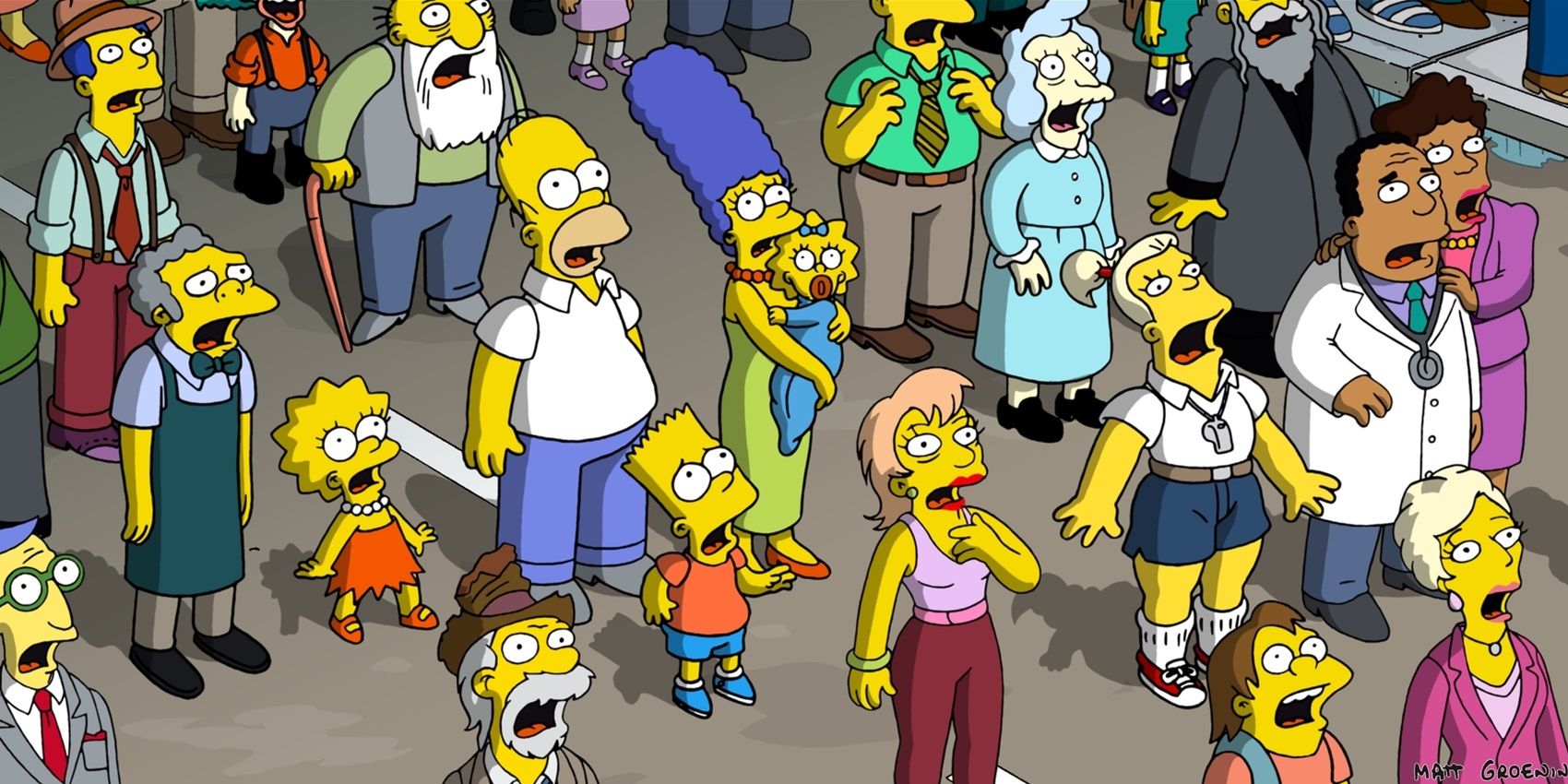 Everyone in Springfield looking up in The Simpsons Movie