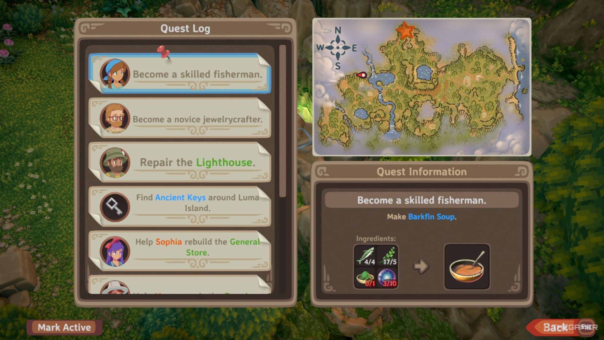 Menu view with quests on the left and a map on the right with an orange star edited onto a location in the northern part of the Forest in Luma Island.