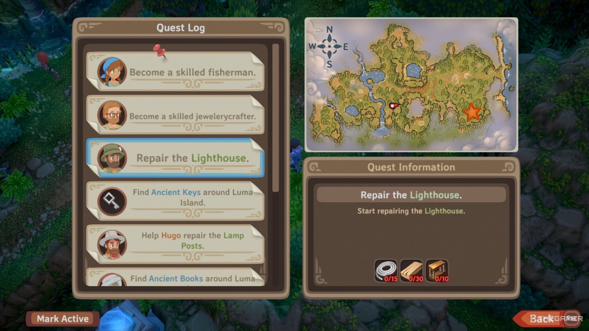 Menu view with quests on the left and a map on the right with an orange star edited onto a location on the southeastern side of the Forest in Luma Island.