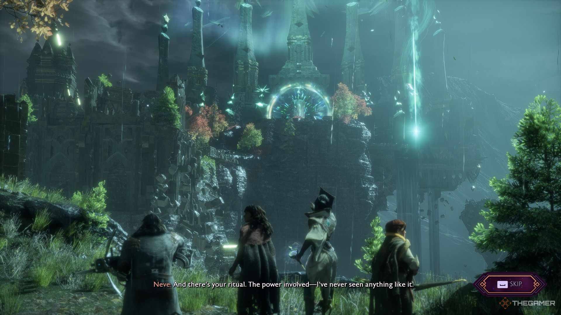 Player character lined up next to Varric, Neve, and Harding in the Dragon Age Veilguard intro.