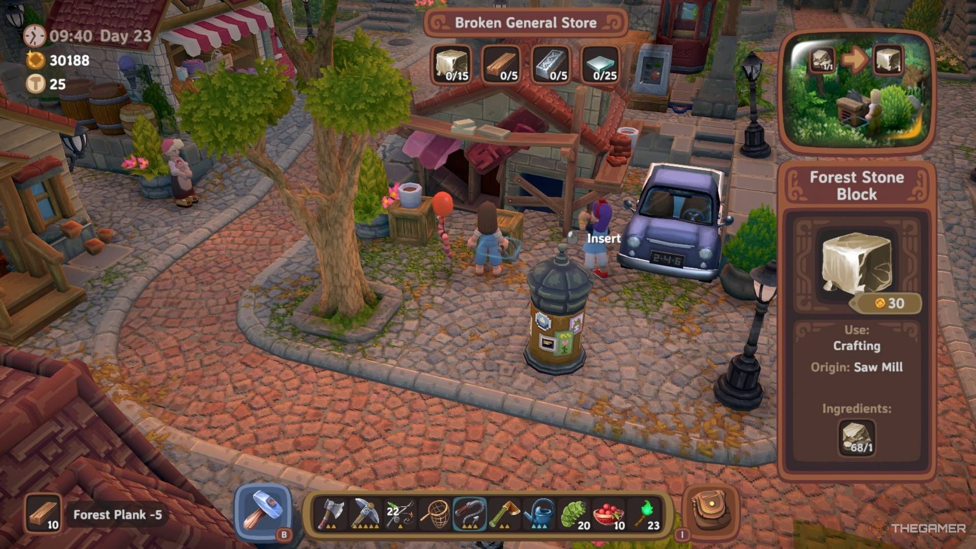 Player character standing by a broken General Store with a floating material list above it in Luma Island.