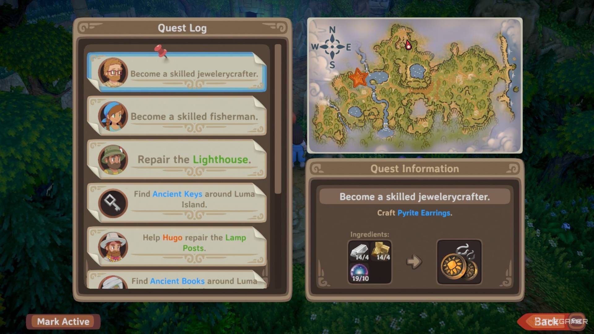 Menu with quests on the left and a map of the Forest on the right with an orange star edited onto the left side in Luma Island.