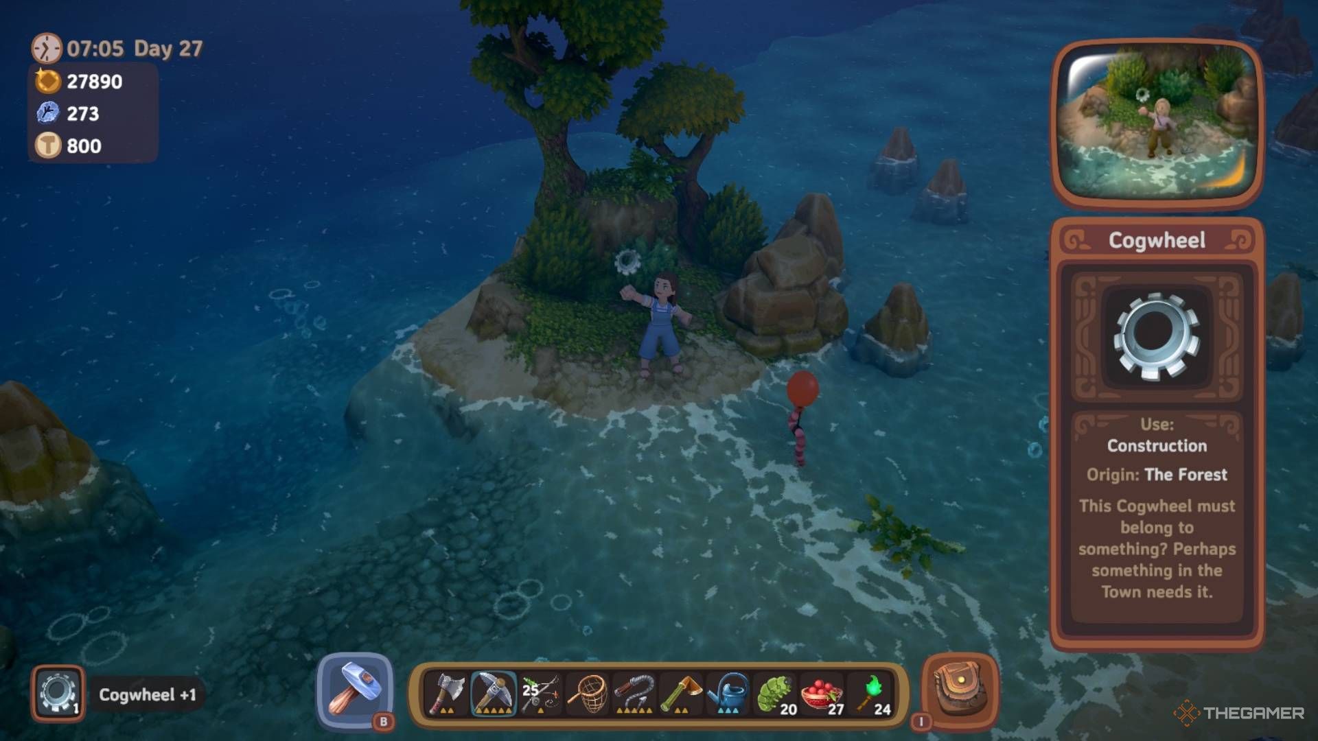 Player character picking up a Cogwheel from a small island off the coast in Luma Island.