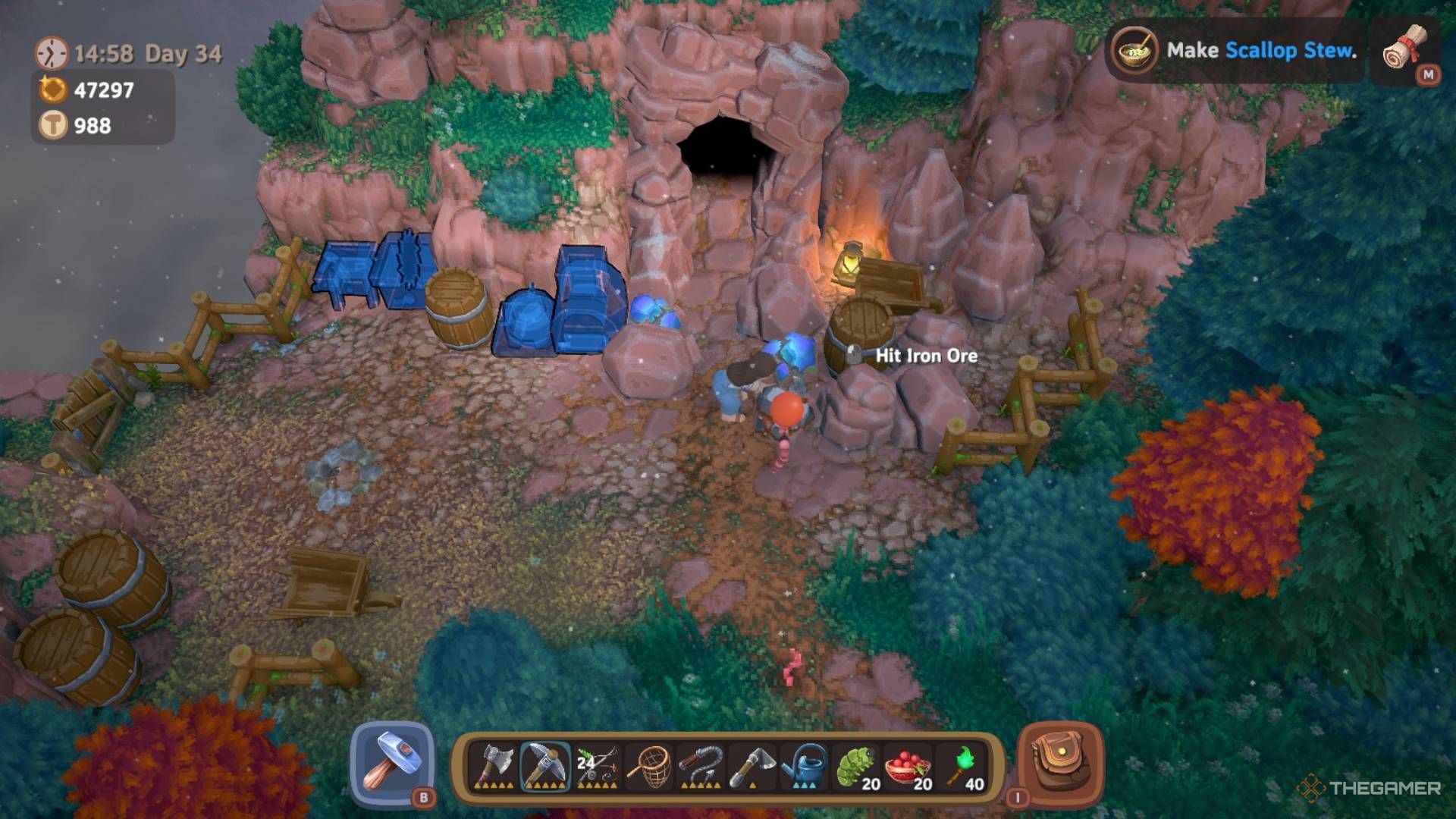 Player character mining Iron Ore at an unfinished camp outside the Mountain Caves in Luma Island.