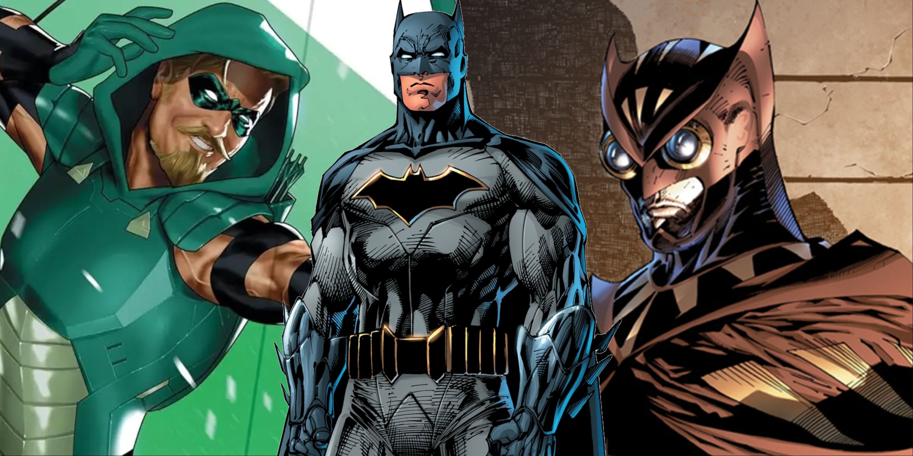 Split image of Green Arrow, Batman, and Nite Owl from DC