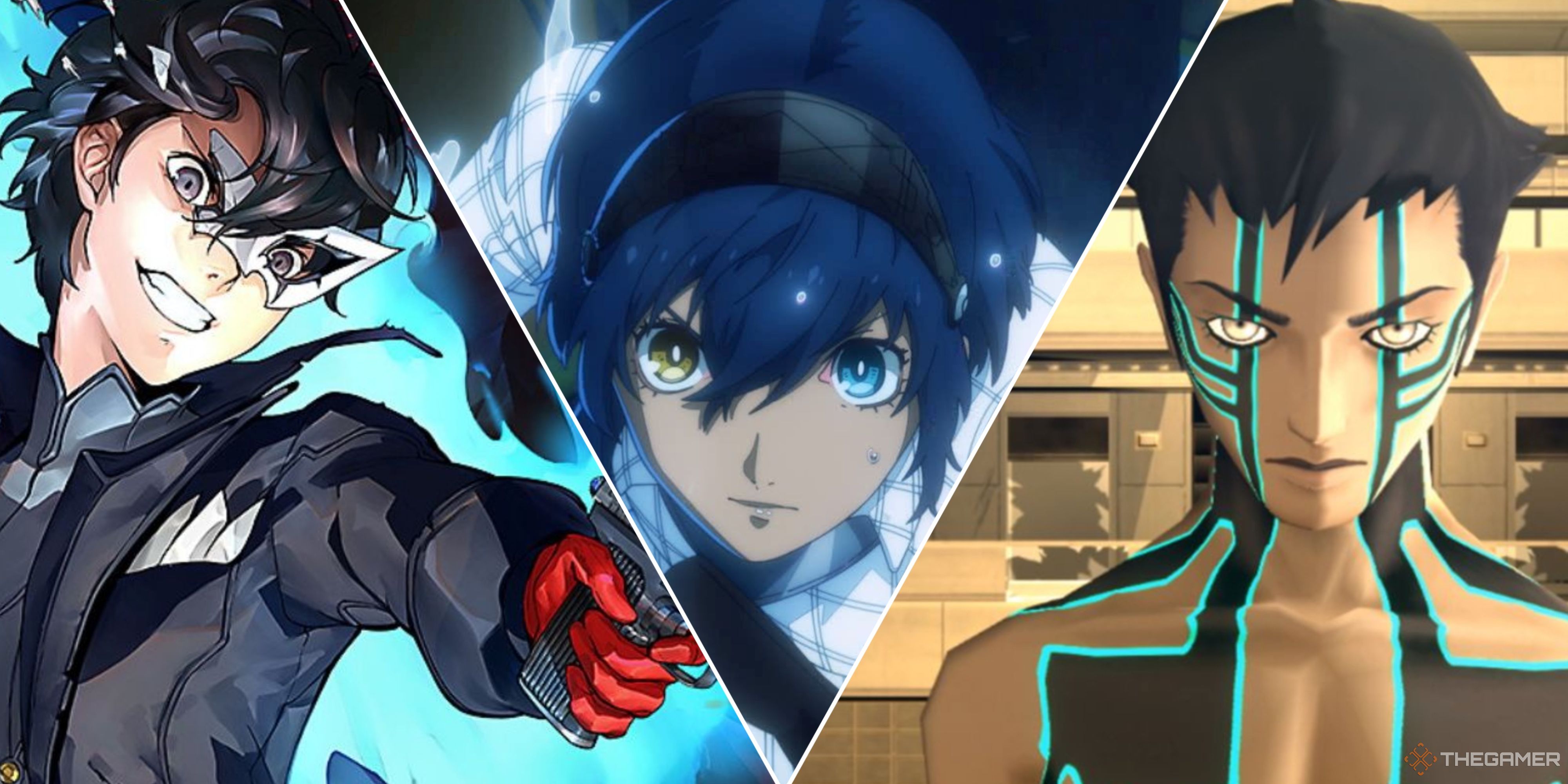 A collage showing the protagonists of Persona 5, Metaphor ReFantazio, and SMT 3.