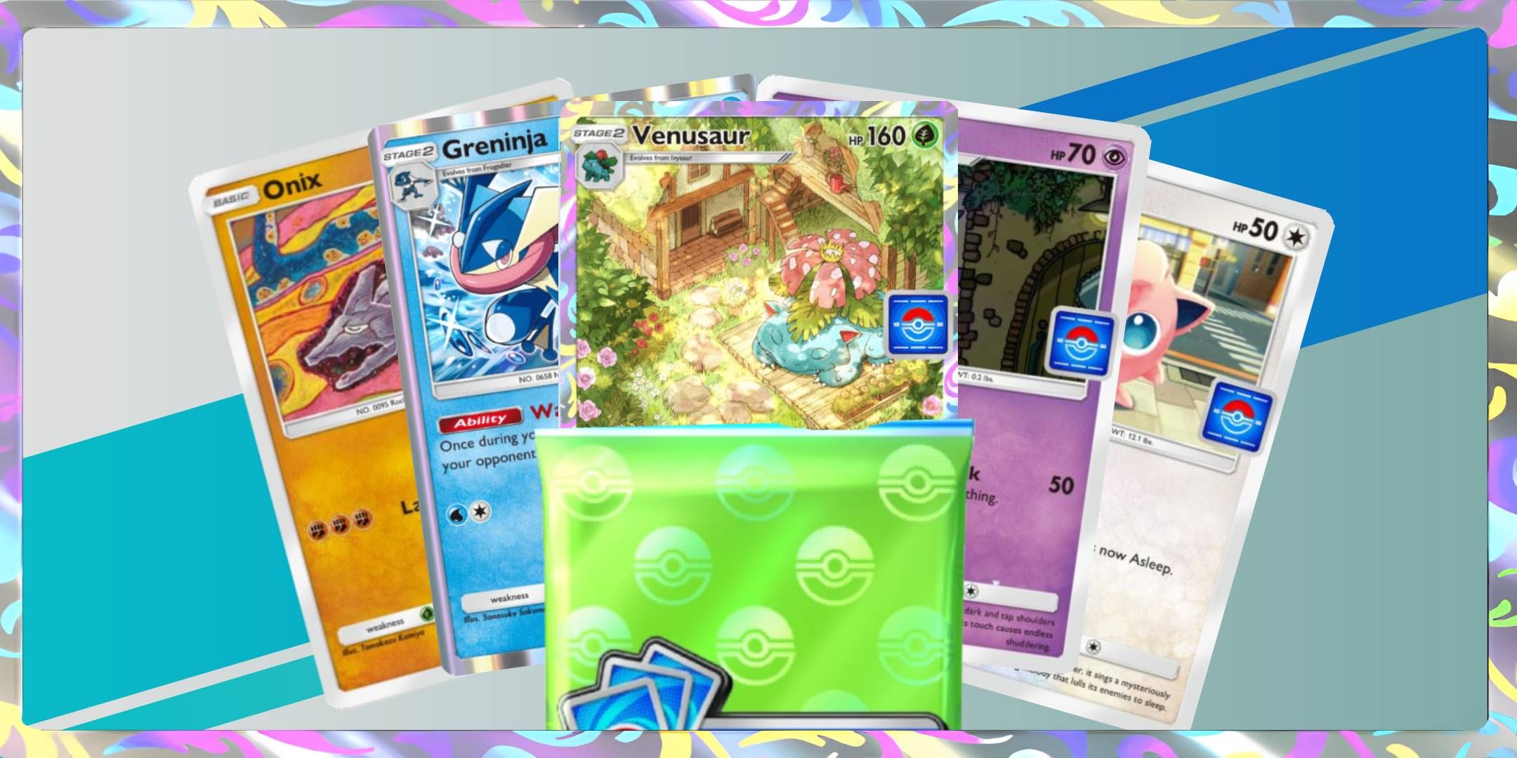 A Promo-A Volume 2 Pack opening to reveal the promotional Venusaur, Greninja, Onix, Haunter, and Jigglypuff cards.