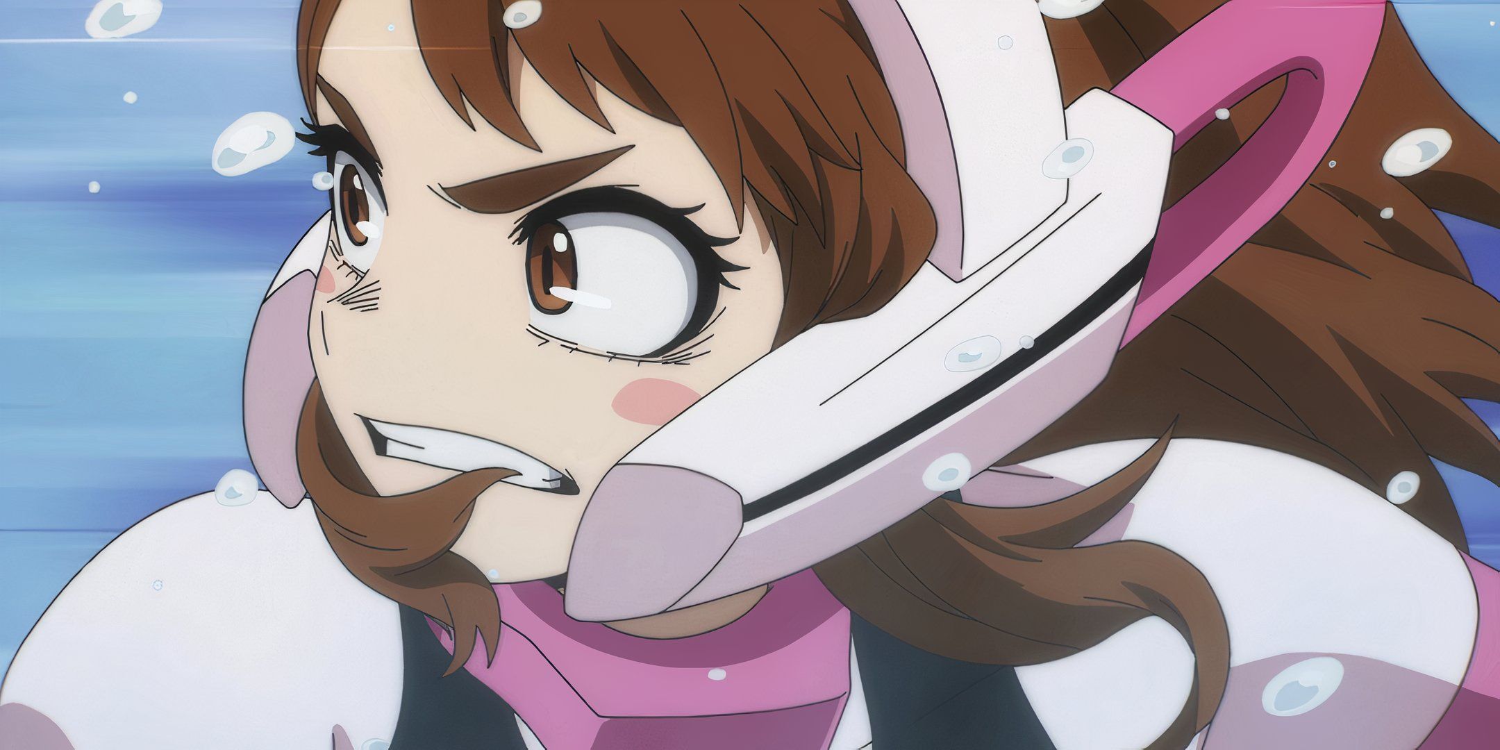 A close up of Ochako in her costume during a fight. 