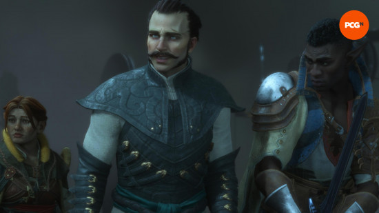 A red-haired woman, man with a mustache, and man holding a sword, all wearing medieval armor, Harding, Rook, and Davrin from Dragon Age: The Veilguard.