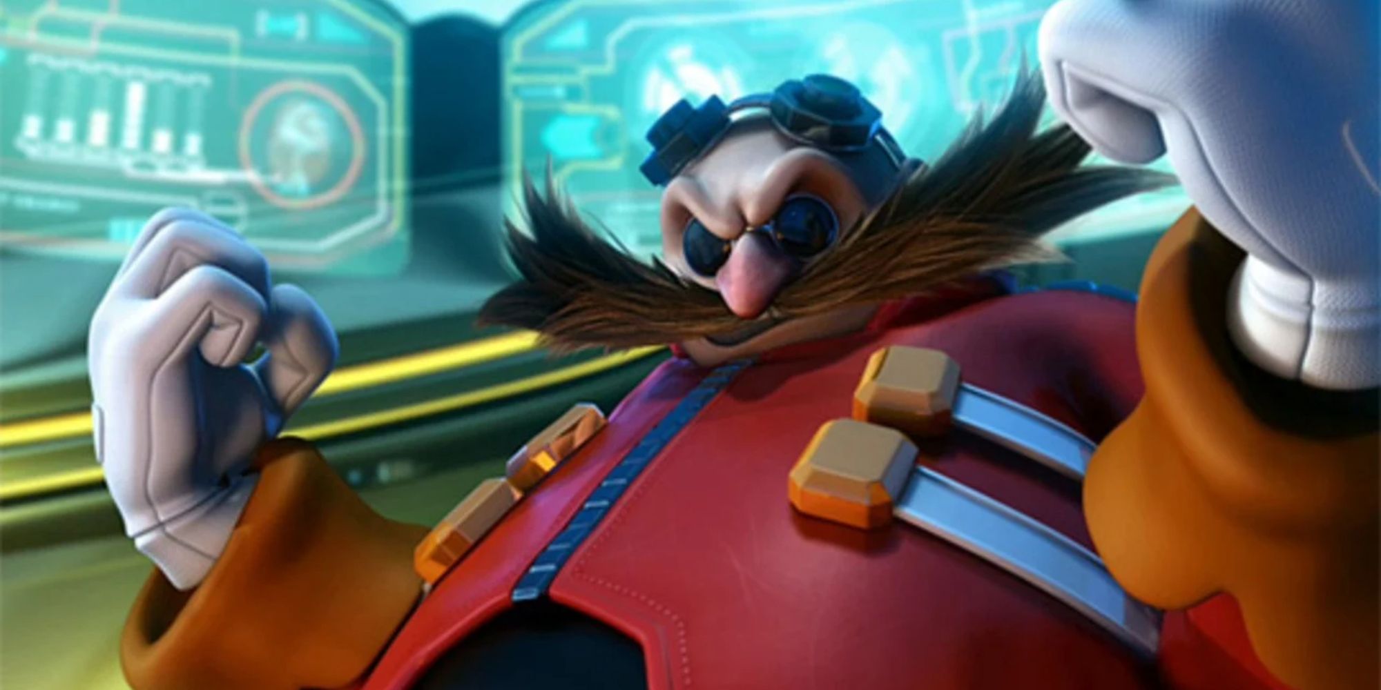 Dr, Eggman gritting his teeth while raising his fists in the intro cinematic for Sonic Unleashed.