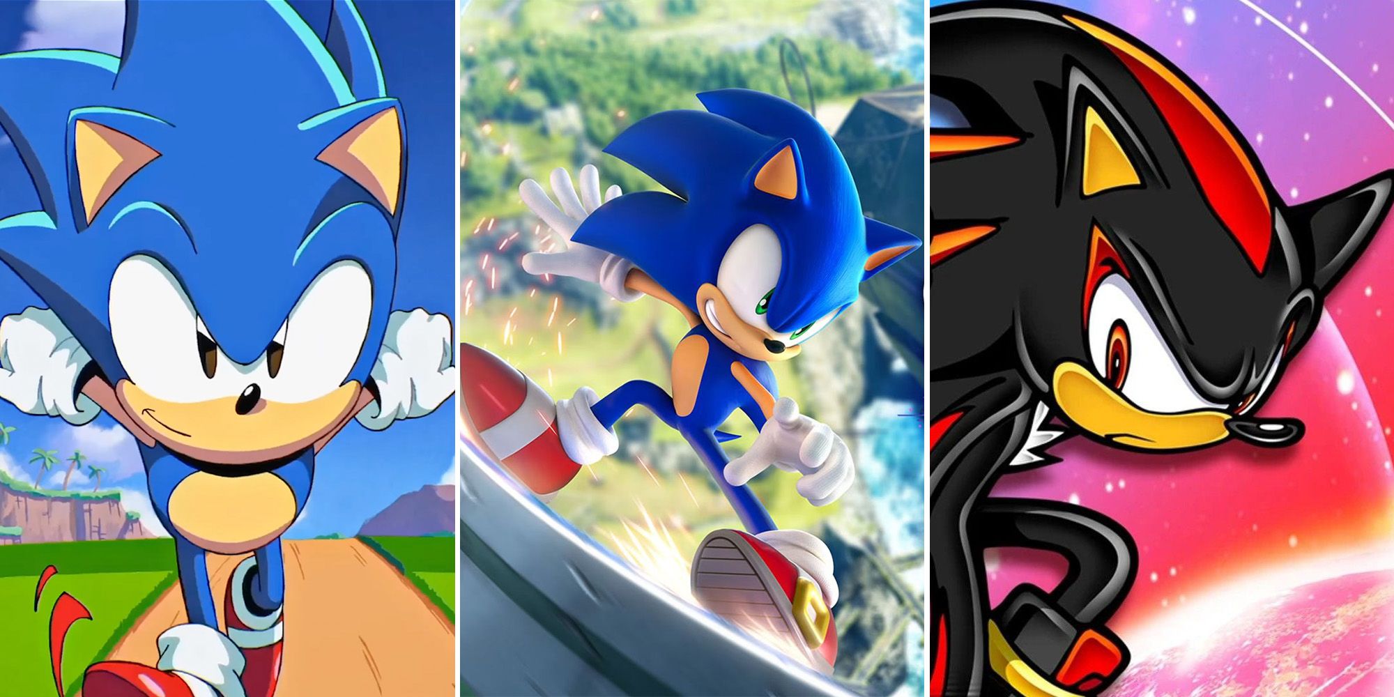 Split Image of Classic Sonic From Sonic Origins, Modern Sonic From Sonic Frontiers, And Shadow From Sonic Adventure 2