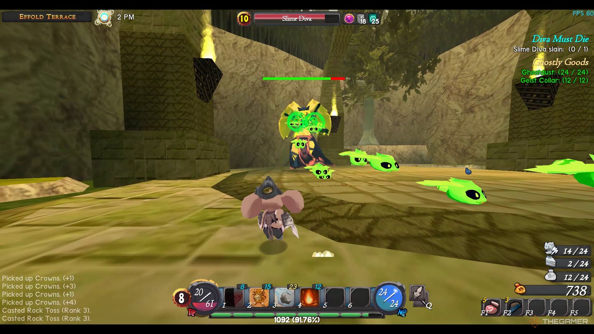 The image shows that Slime Diva is shooting small slime projectiles from her hands in Atlyss.