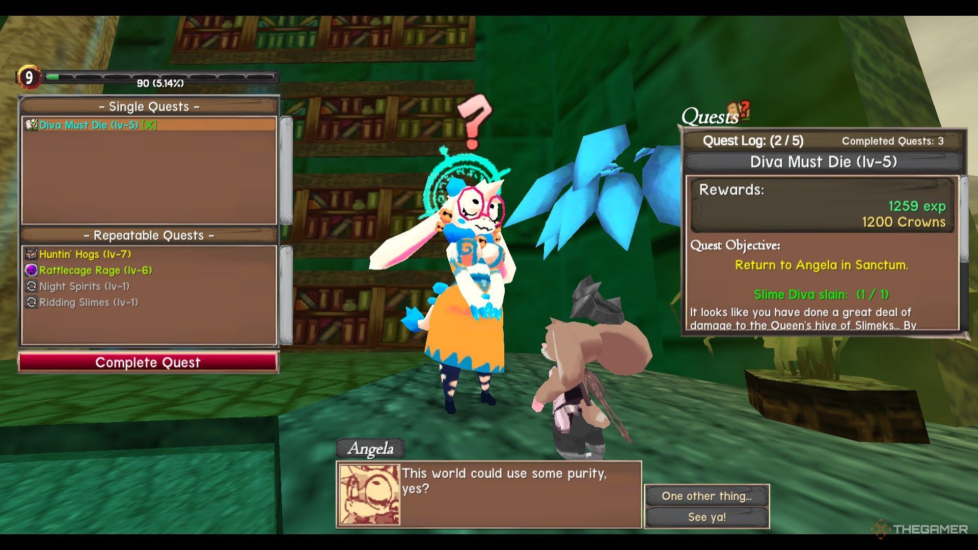 The image shows that the player is about to complete the Diva Must Die quest by talking to Angela in Atlyss.