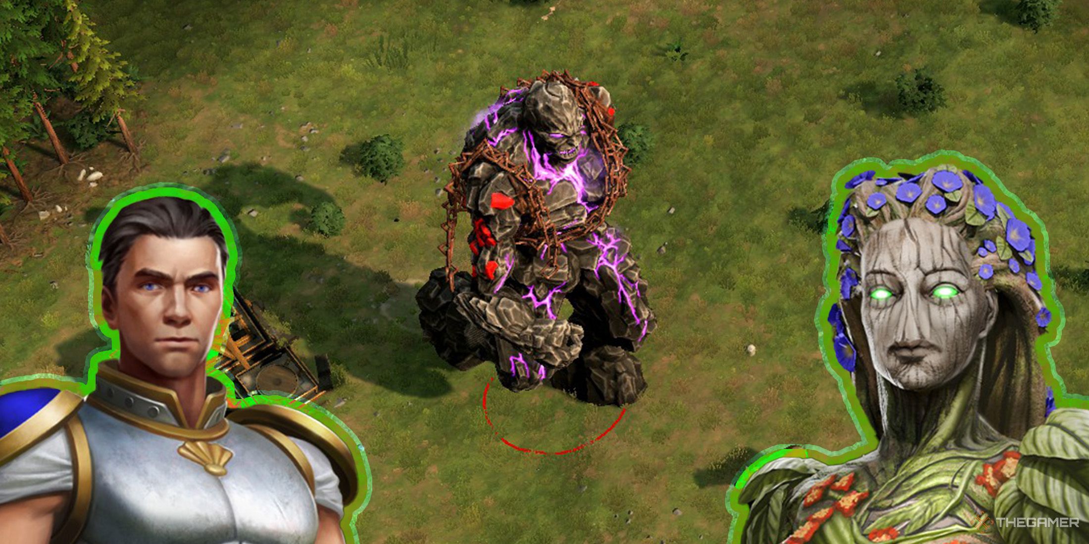 Kronos is walking on grassy terrain, with Kastor's and Gaia's portraits on the left and right sides in Age of Mythology - Retold