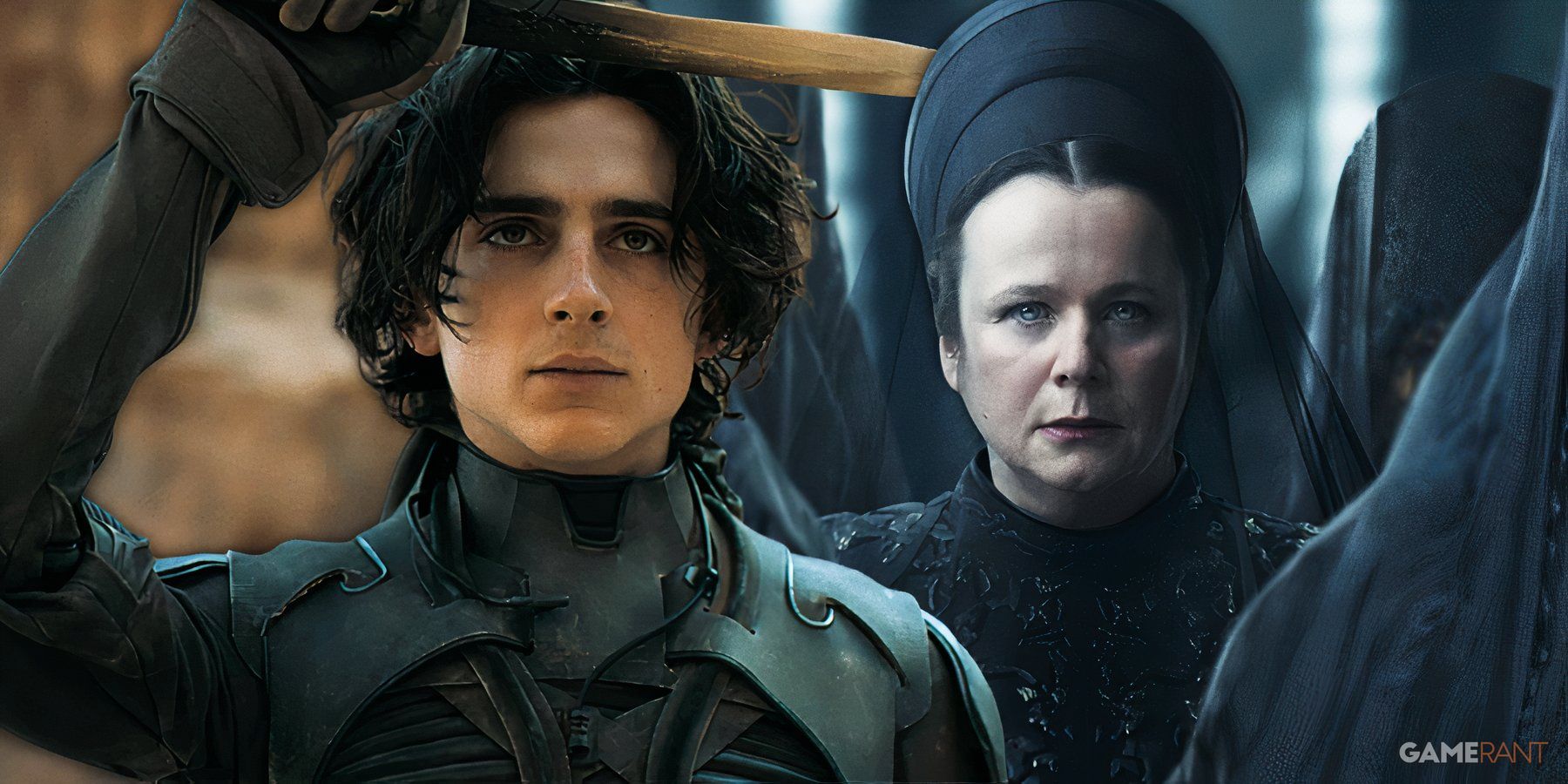 timothee chalamet as paul atreides in dune, emily watson as valya harkonnen in dune prophecy