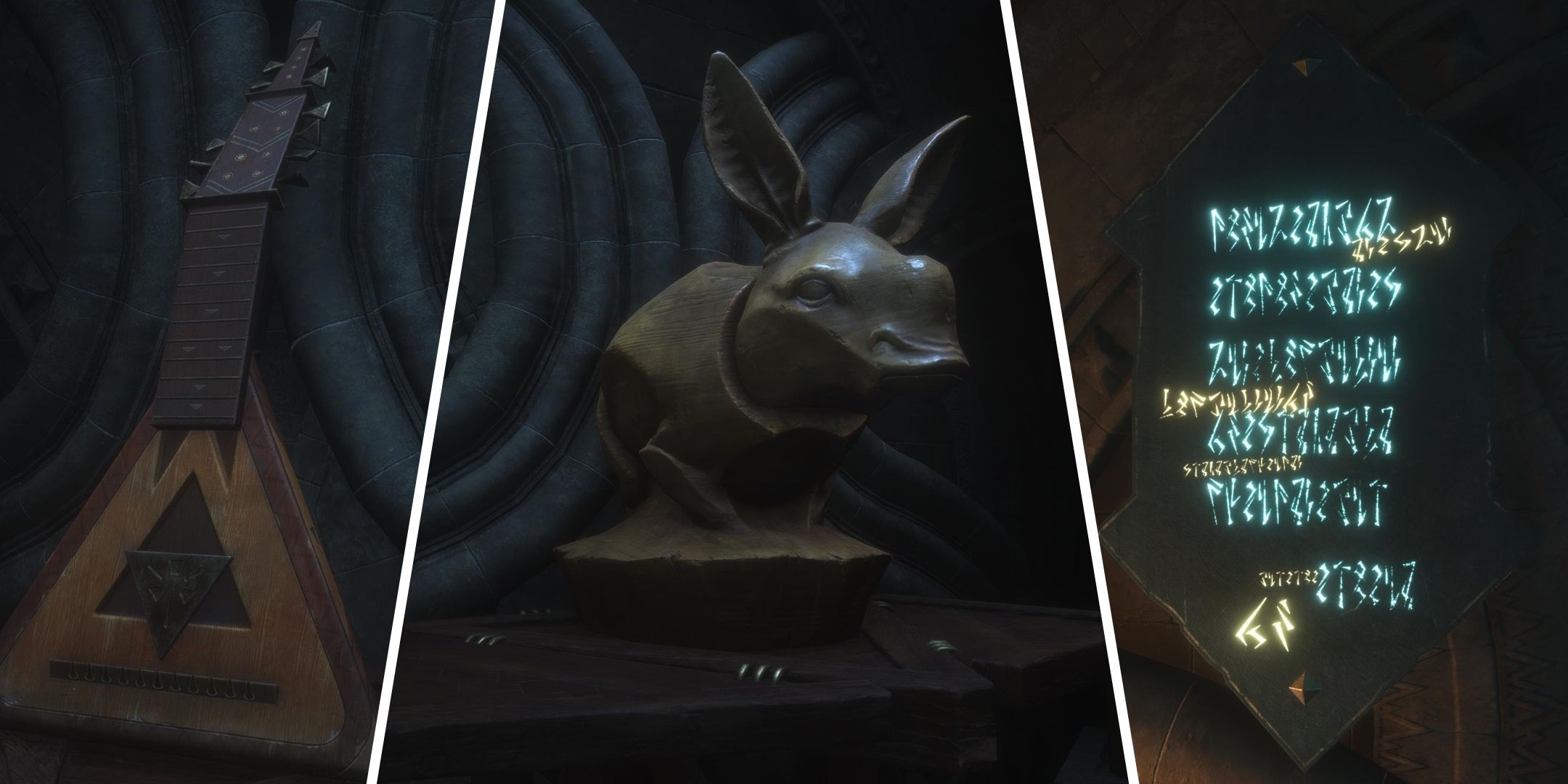 An elven bass, a nug sculpture, and a crow contract, from Dragon Age: the Veilguard.