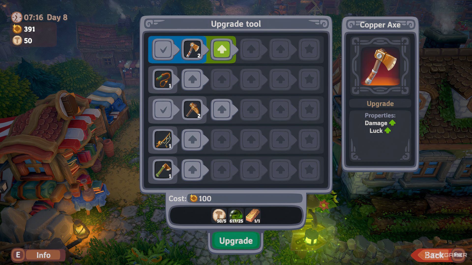 The Axe is shown in the tool upgrade menu in Luma Island