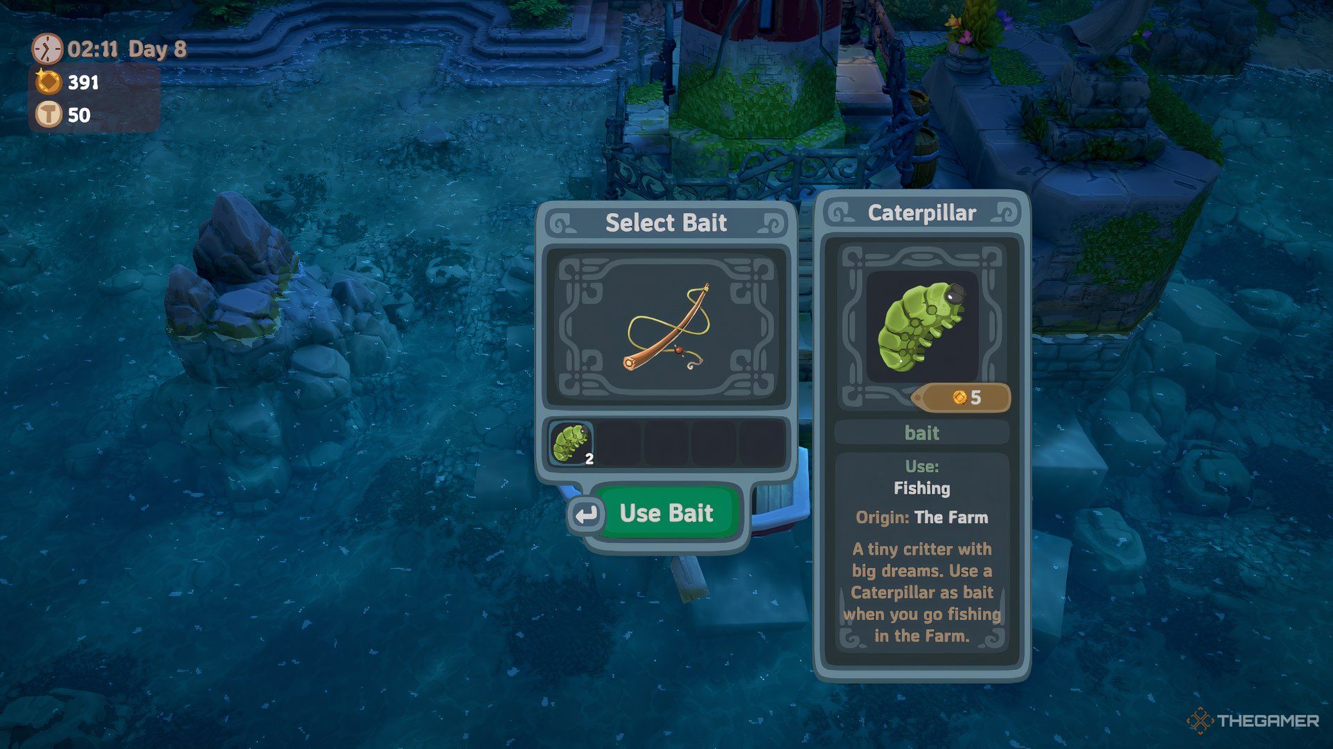 The Caterpillar is shown in the bait menu in Luma Island.