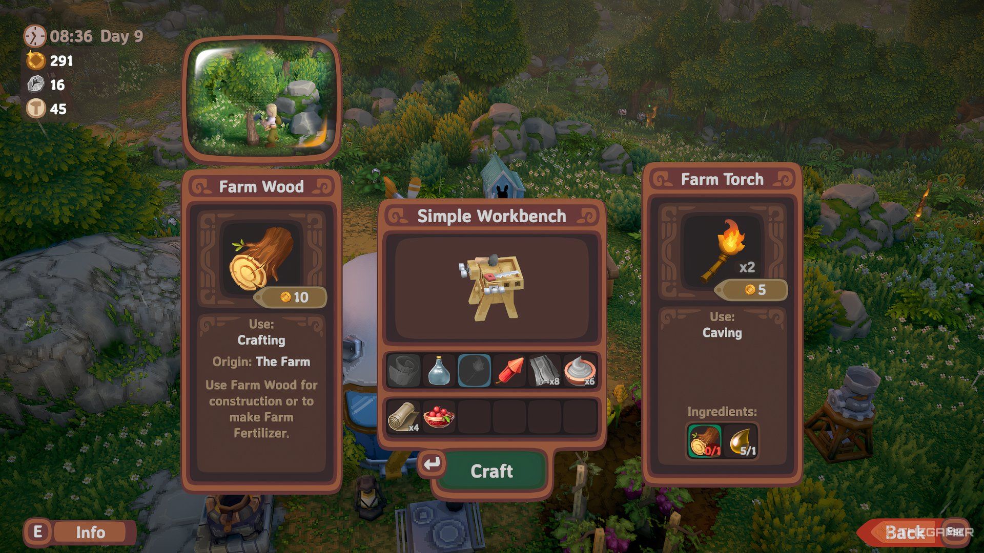 The Farm Torch is shown in the workbench craft menu in Luma Island.