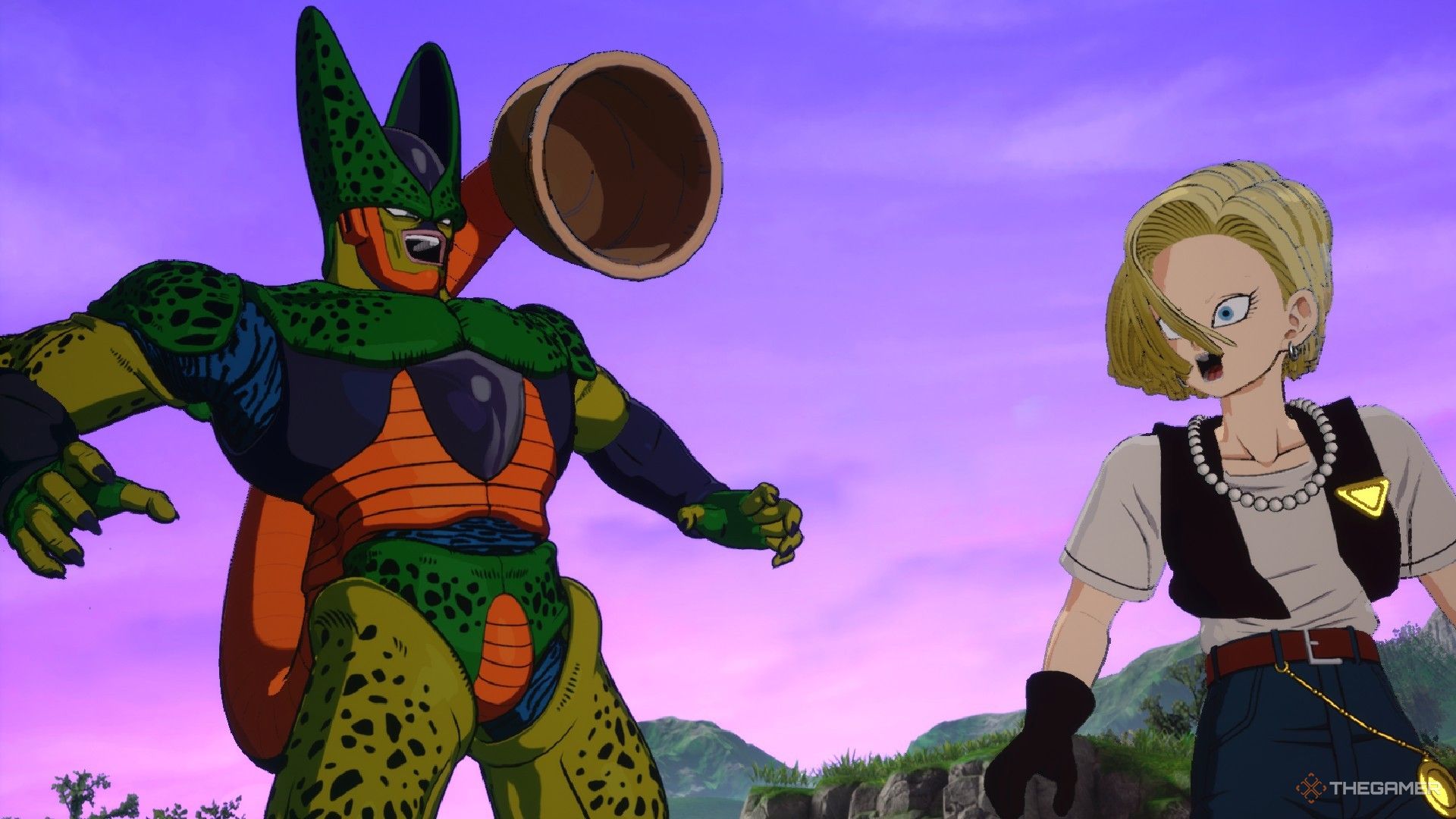 Dragon Ball Sparking Zero image showing Cell on his 2nd form absorbing android 18.