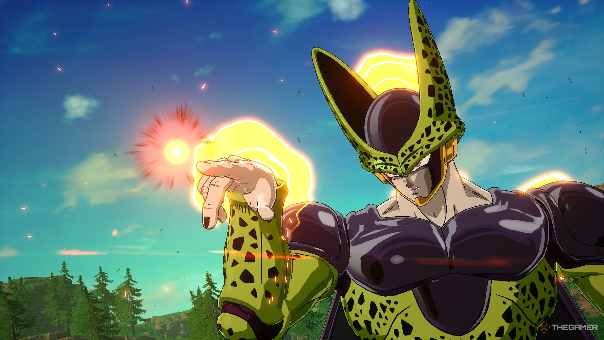 Dragon Ball Sparking Zero image showing Cell about to fire a death beam.