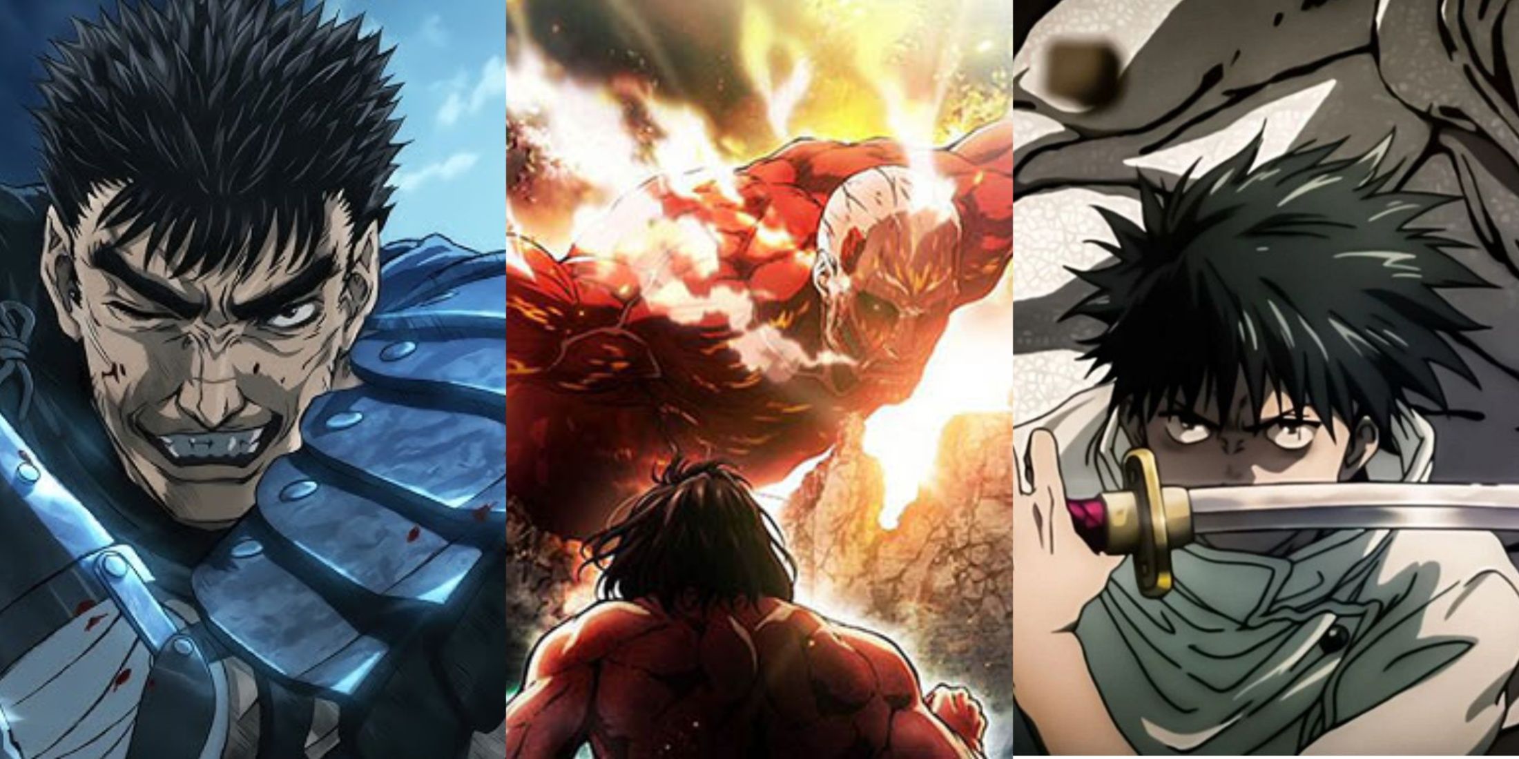 Promotional Images from Berserk, Attack on Titan and Jujutsu Kaisen