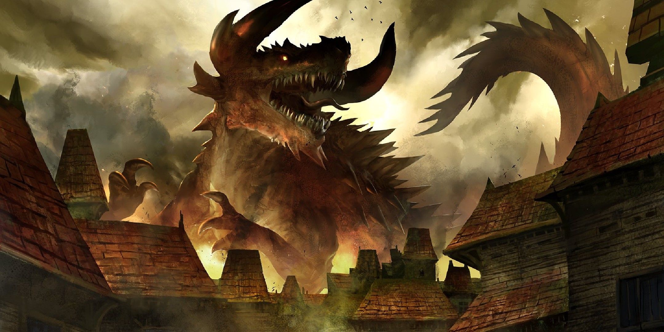 dungeons & dragons image showing a city torn asunder by the rise of a tarrasque.