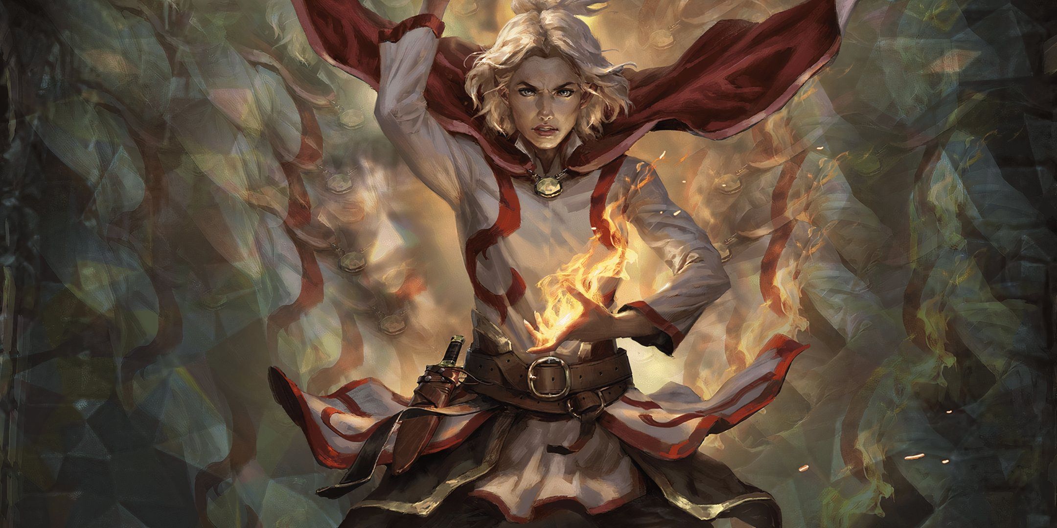 A sorcerer with white hair and a red cape casts an intricate spell in Dungeons & Dragons.