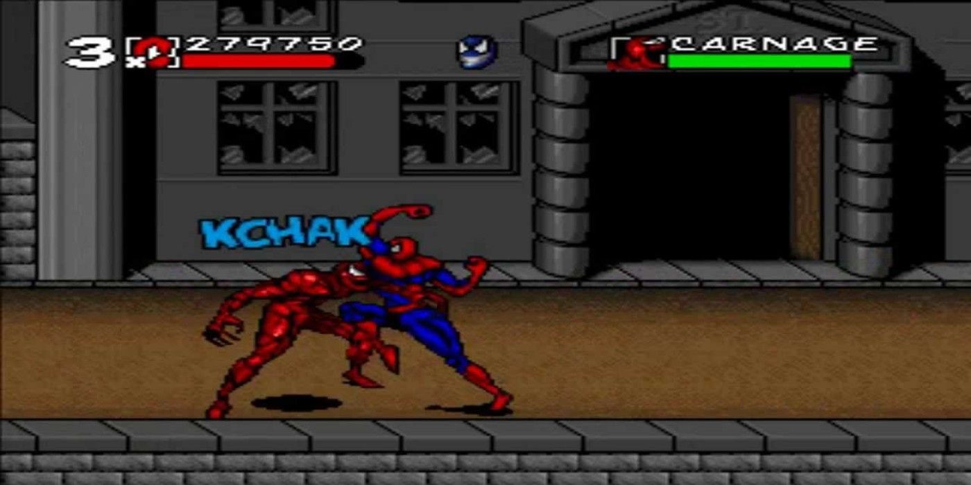 Spider-Man fighting Carnage in Spider-Man and Venom: Maximum Carnage.