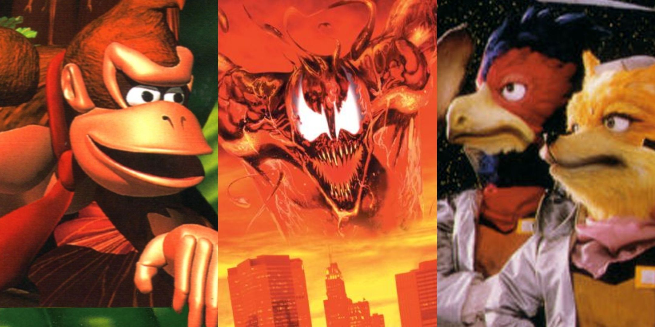 Box art to Donkey Kong Country, Spider-Man and Venom: Maximum Carnage, and PAL box art to Star Fox.