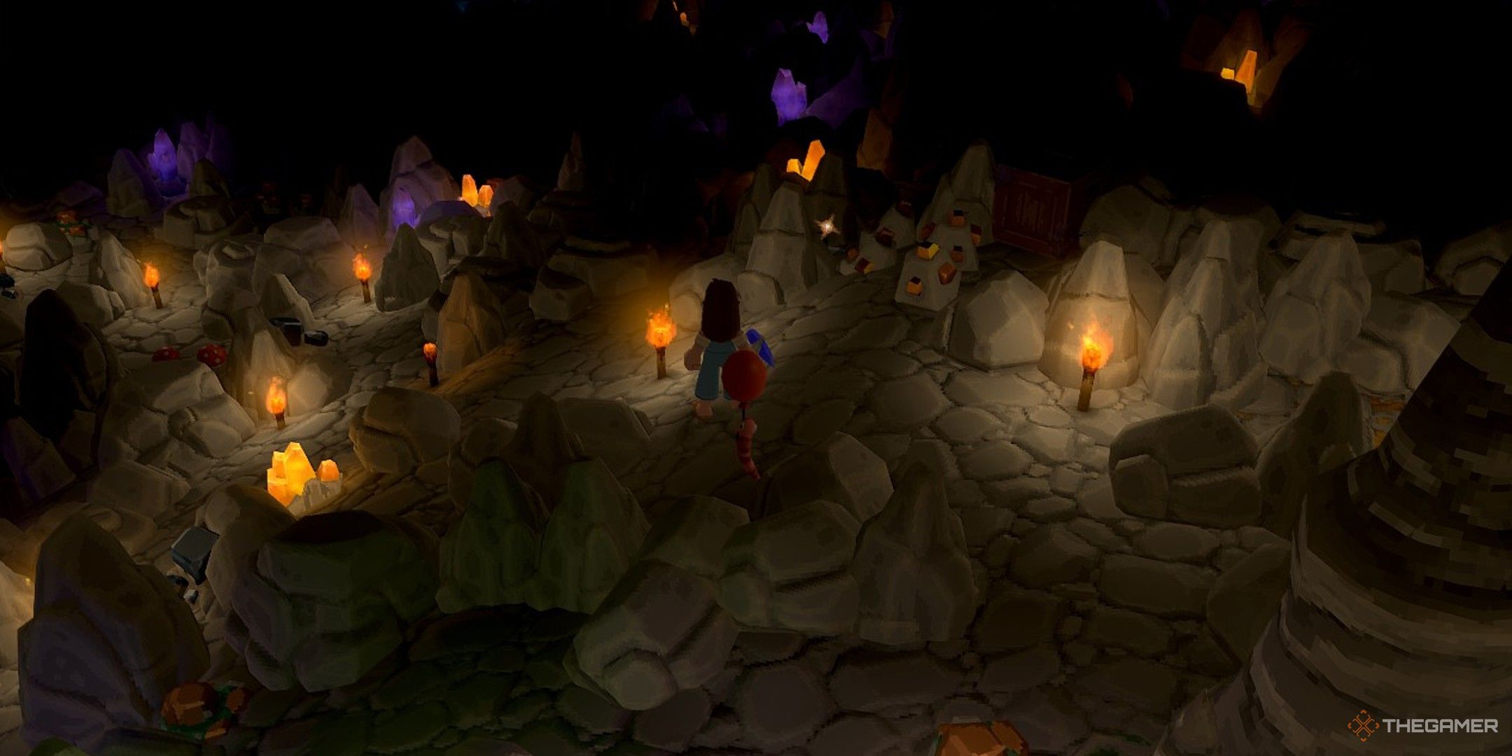 Player character standing in a lit area and looking out into the darkness with glowing gems in it in Luma Island.