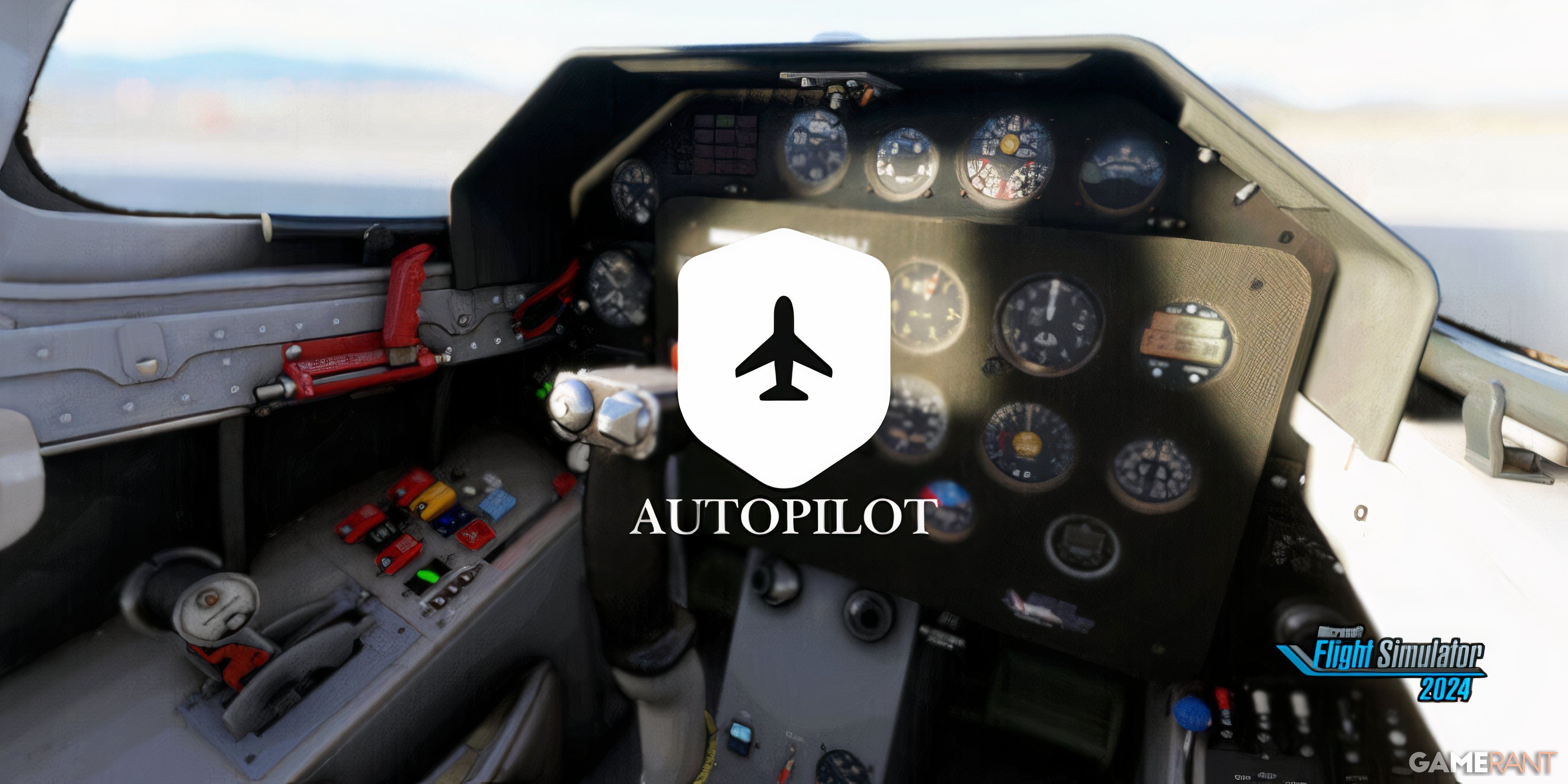 autopilot sign over the image of an airplane's cockpit in msfs 2024.